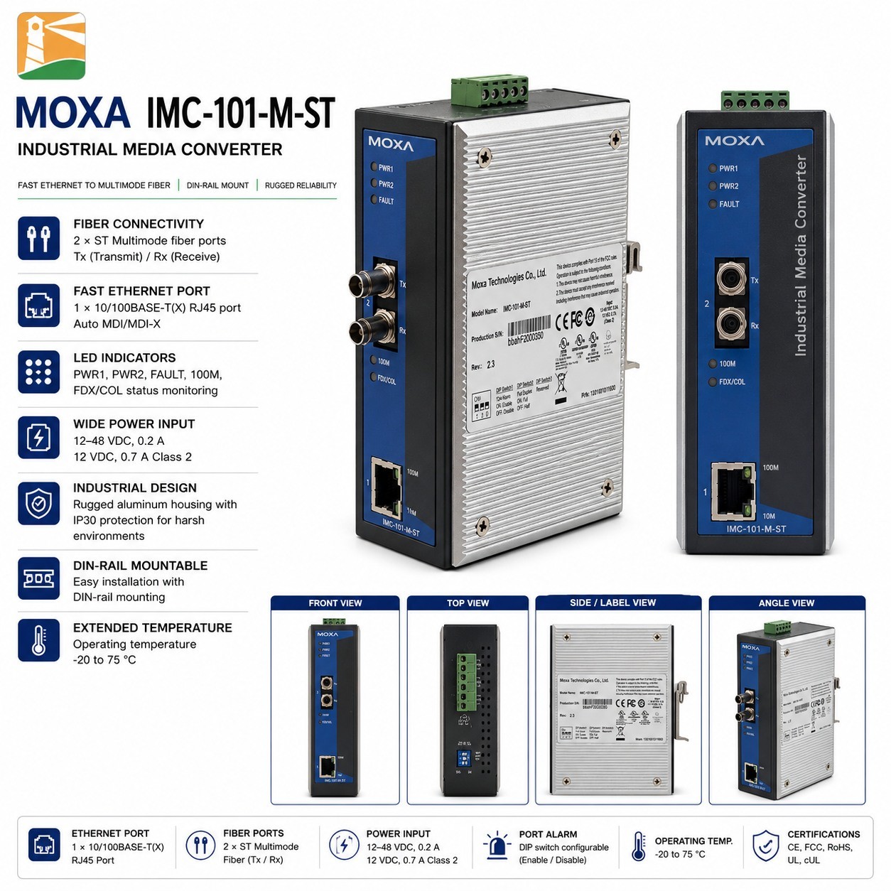Moxa Industrial Media Converter. Type IMC-101-M-ST. Made in Taiwan