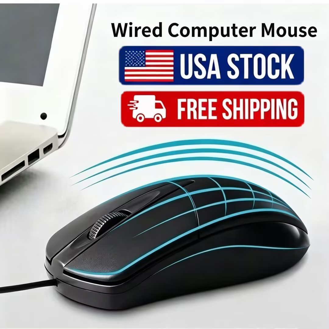 1 PCS Black Wired Mouse 3 Button Corded USB Home Office Noiseless Laptop PCs and