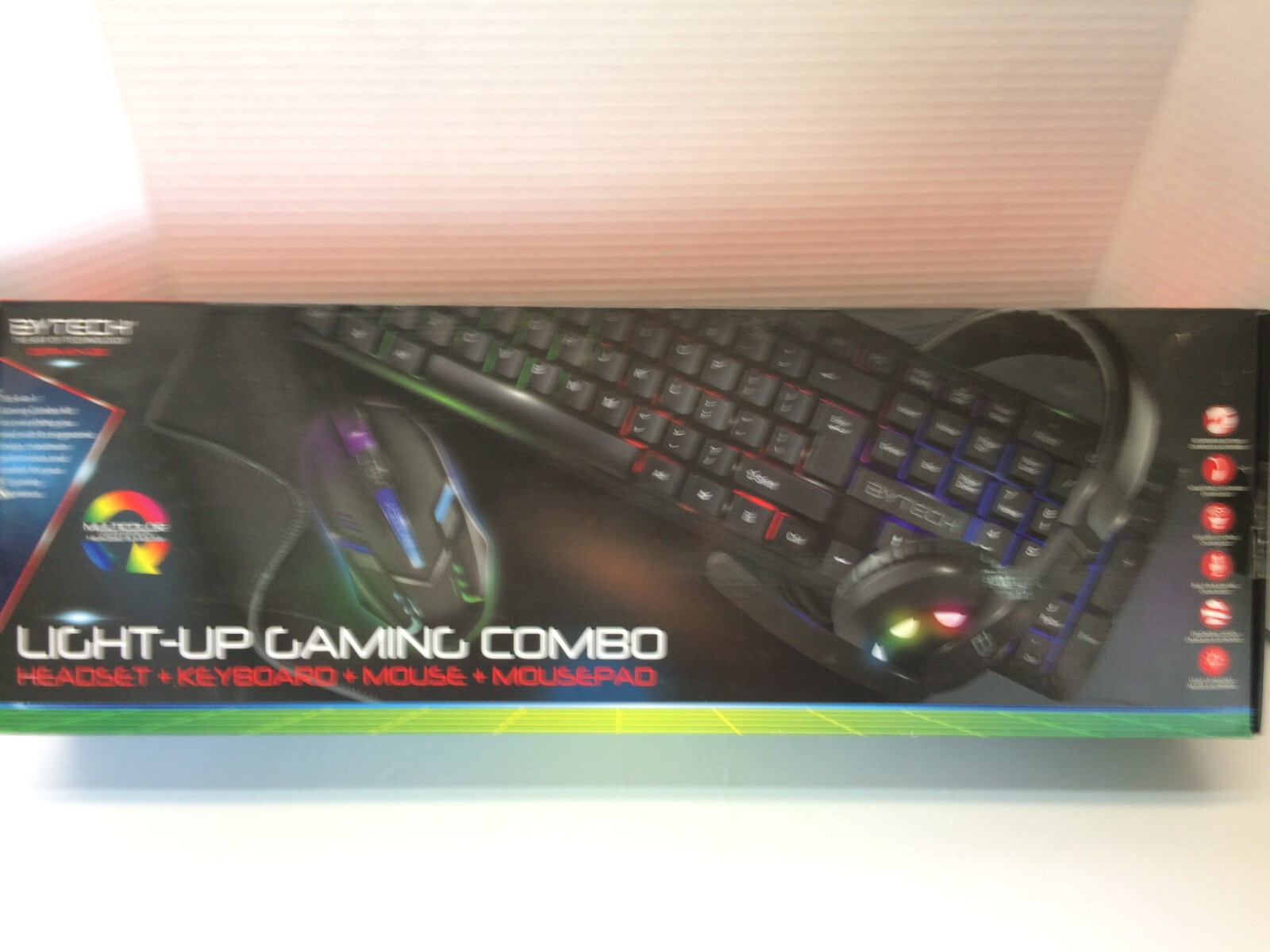 Gaming keyboard RGB lighted mouse and headset with microphone