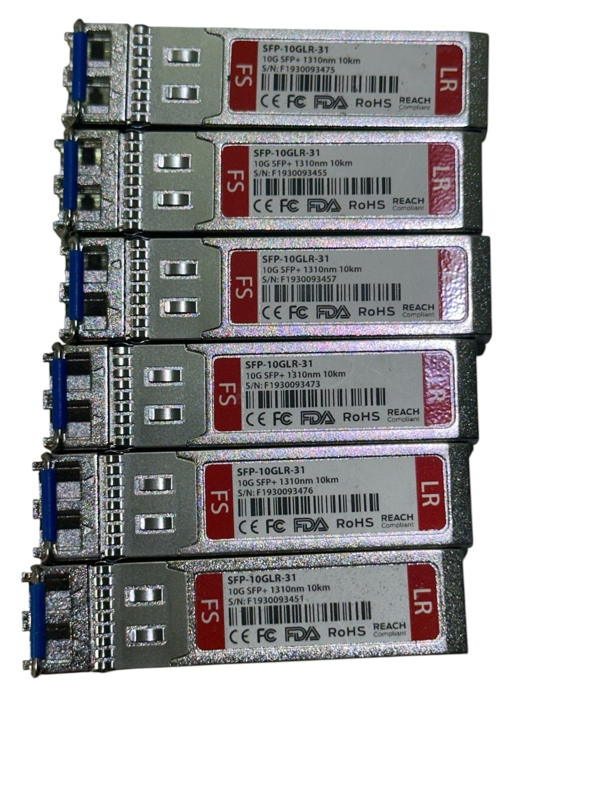 LOT OF 6:  FS SFP-10GLR-31 10G SFP+ LR 1310nm 10km DUPLEX LC TRANSCEIVER - USED