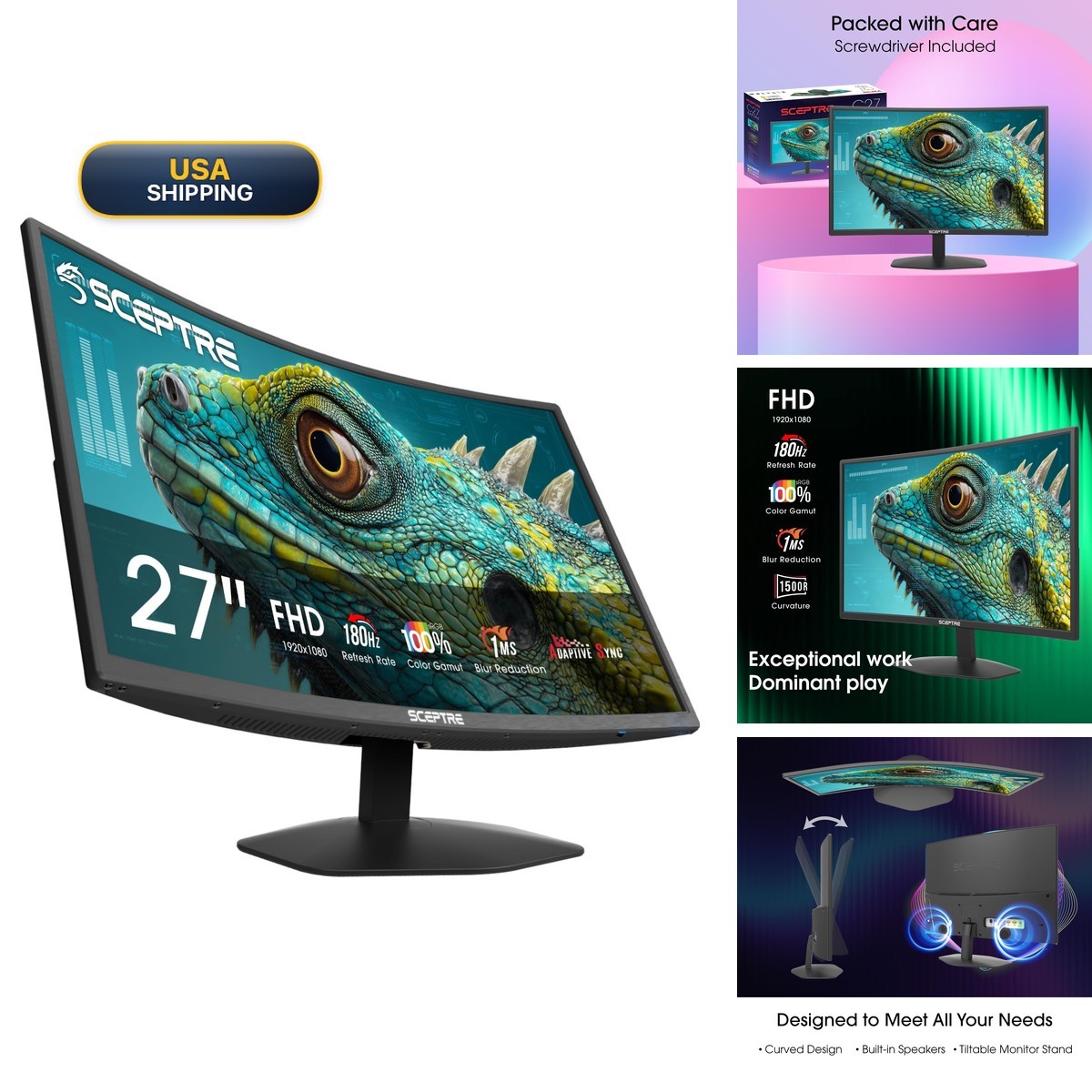 Sceptre C275B-FW180T Curved 27-inch Gaming Monitor 180Hz 1500R Machine Black