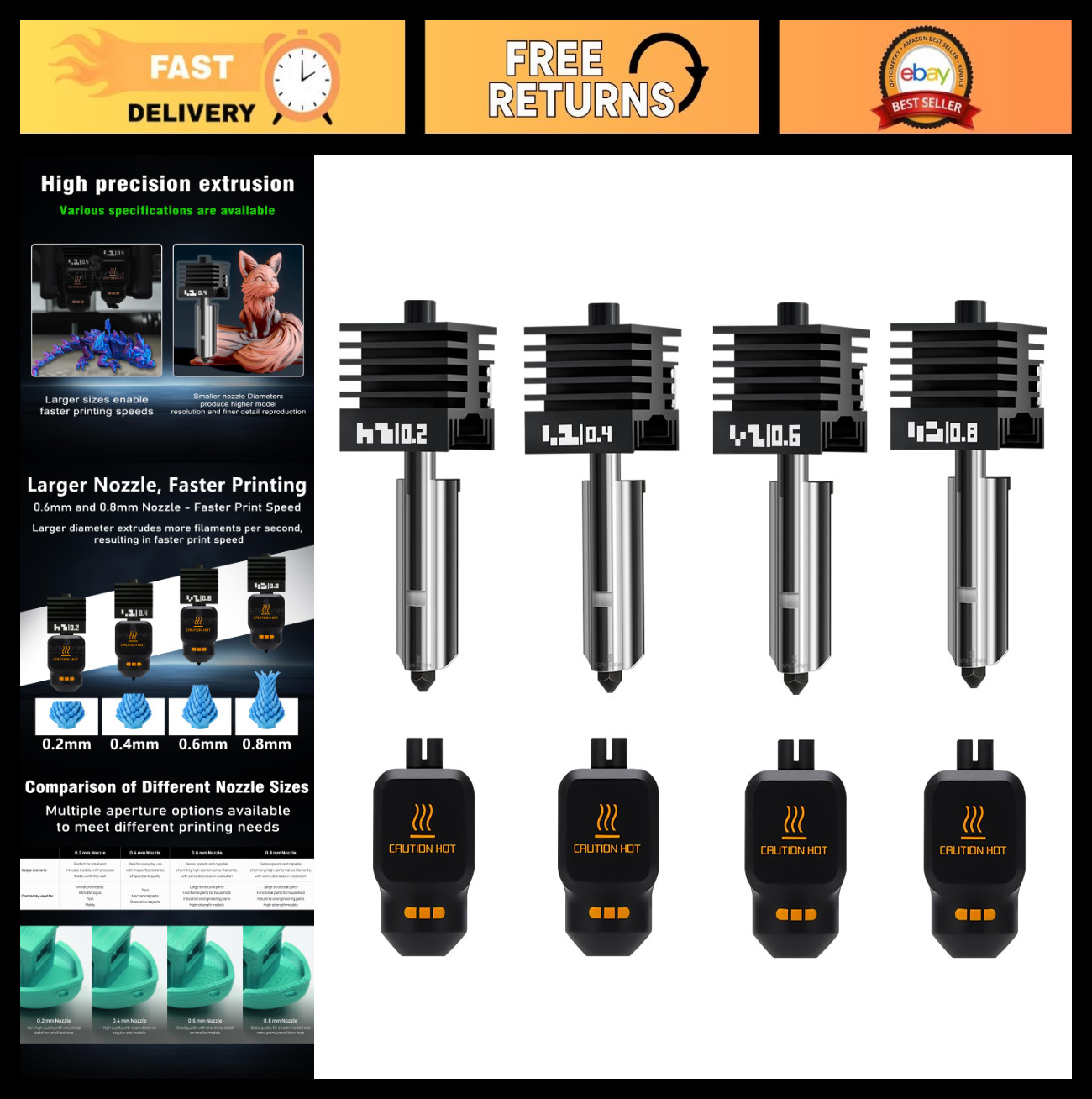 4Pack 0.2/0.4/0.6/0.8MM Hotend Nozzle Set for 3D Printers - High Temp Steel Repl