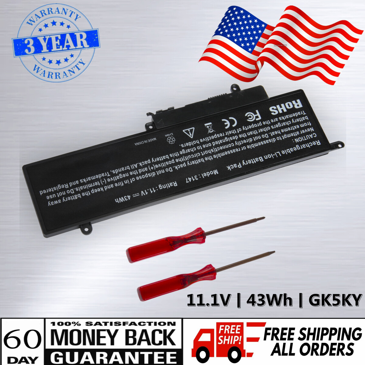 GK5KY BATTERY FOR DELL INSPIRON 11 3000 3147 3148 3152 13 7000 7348 15 7568 43WH