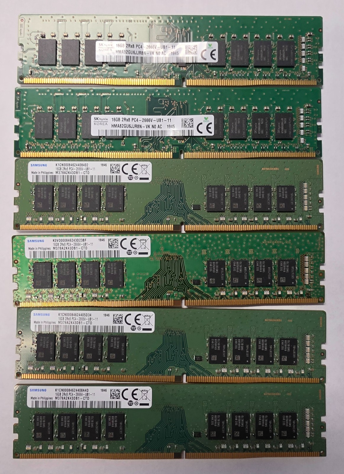 Lot of 6 Mixed Brands 16GB Desktop RAM 2666V-4 Samsung and 2 SK Hynix Sticks.