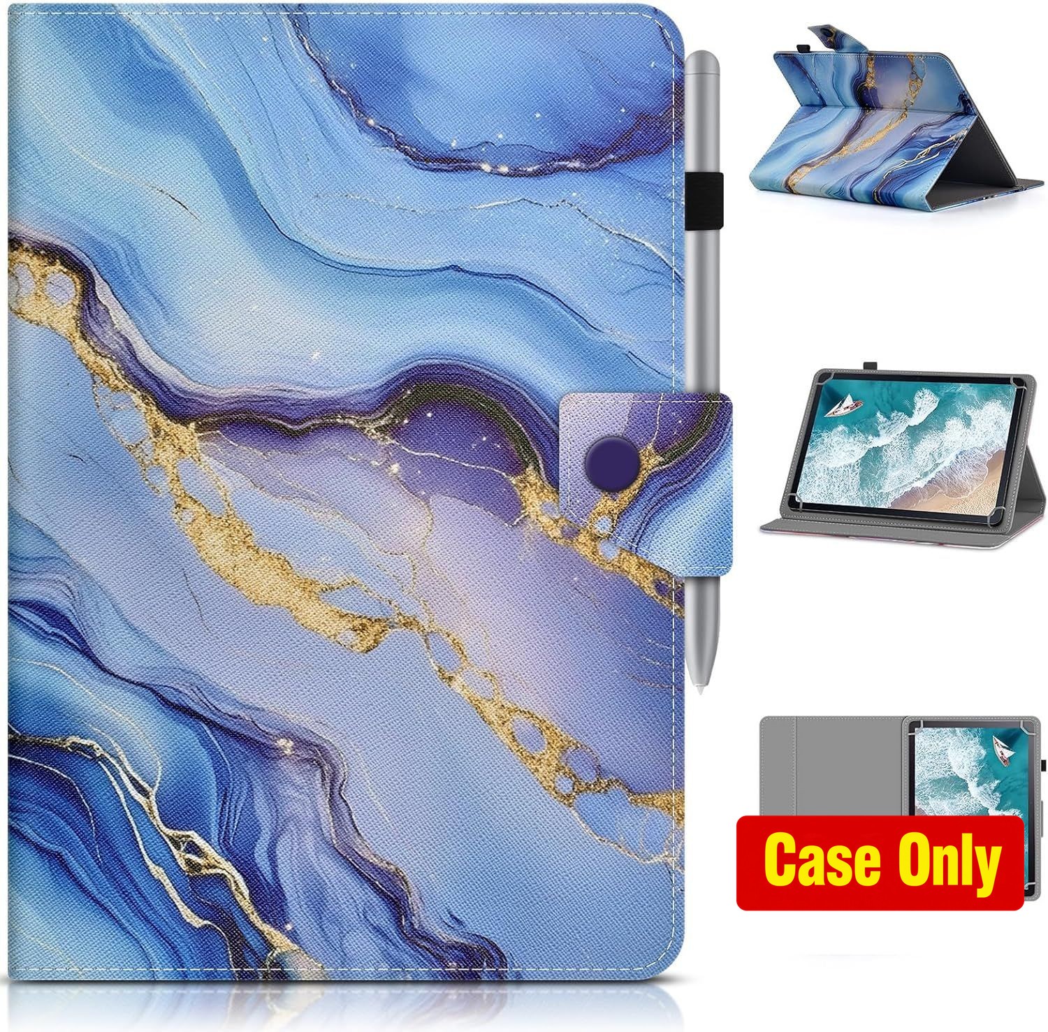Case for 10.1 Inch Tablet, PU Leather, Blue Marble Design