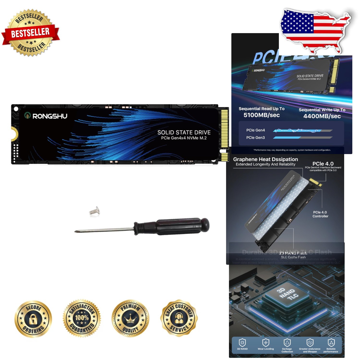 High-Performance 1TB PCIe 4.0 M.2 NVMe SSD - 5100MB/s, TLC NAND, Thermal Cooling