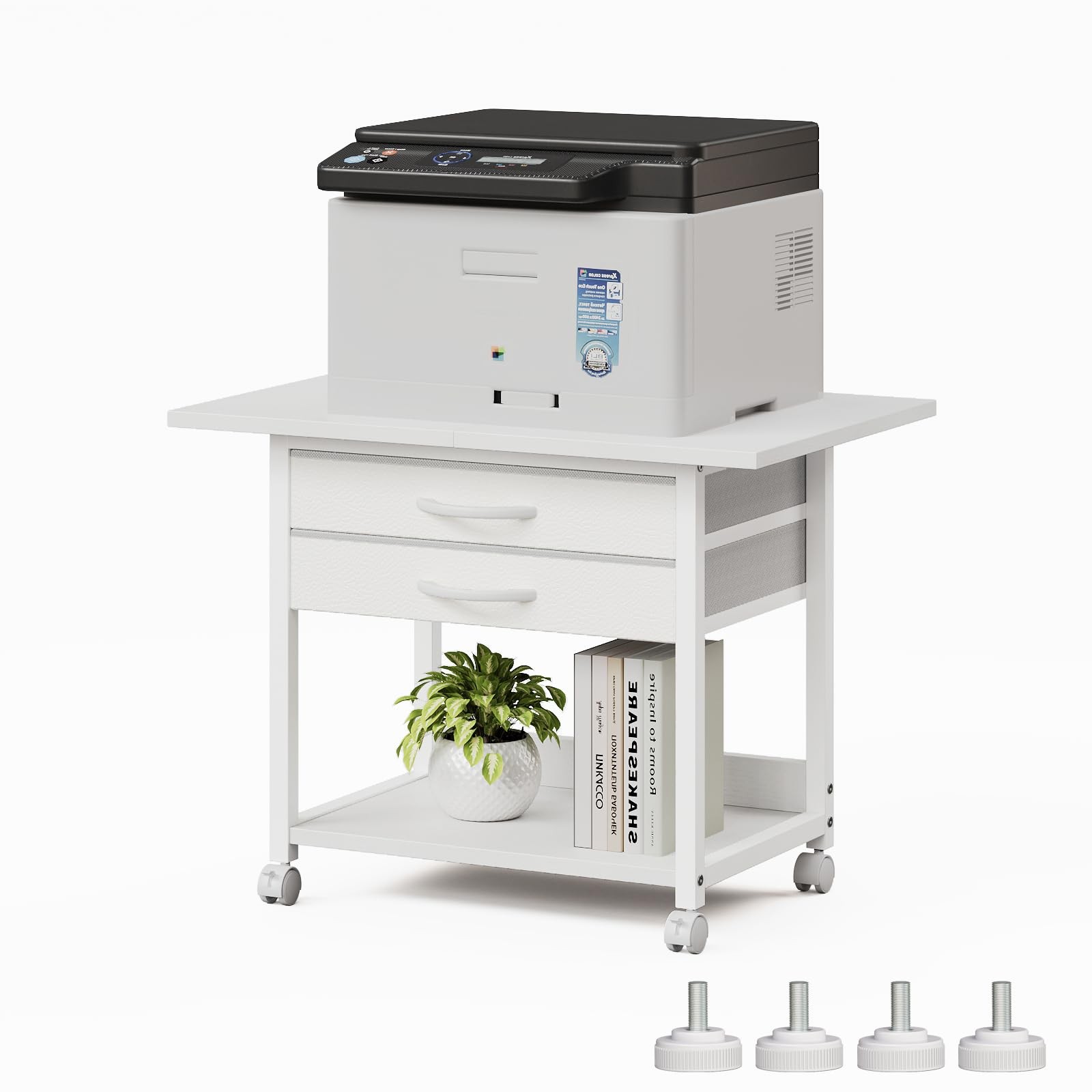 2Tier Large Printer Stand Fabric Drawer Rolling Cart 23.4x15.7 Inch White