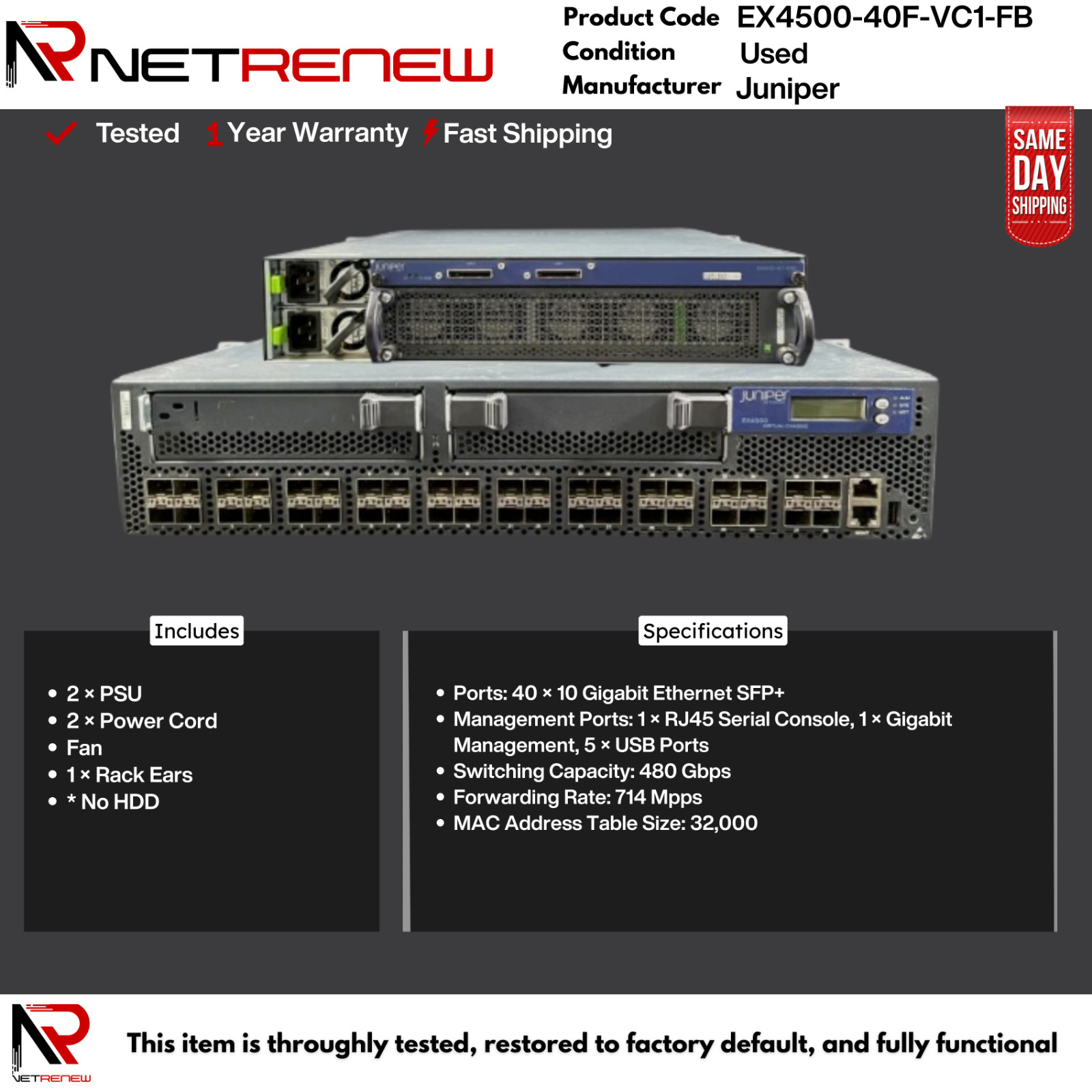 Juniper EX4500-40F-VC1-FB 40-Port SFP+ Network Switch No HDD No IOS