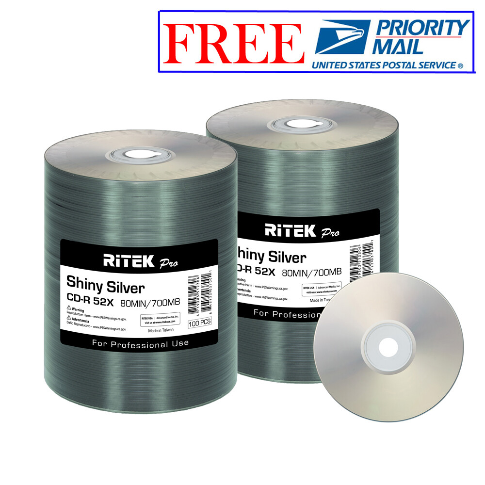 200 Pack Ritek Pro CD-R 52X 700MB Shiny Silver Lacquer Blank Recordable Disc