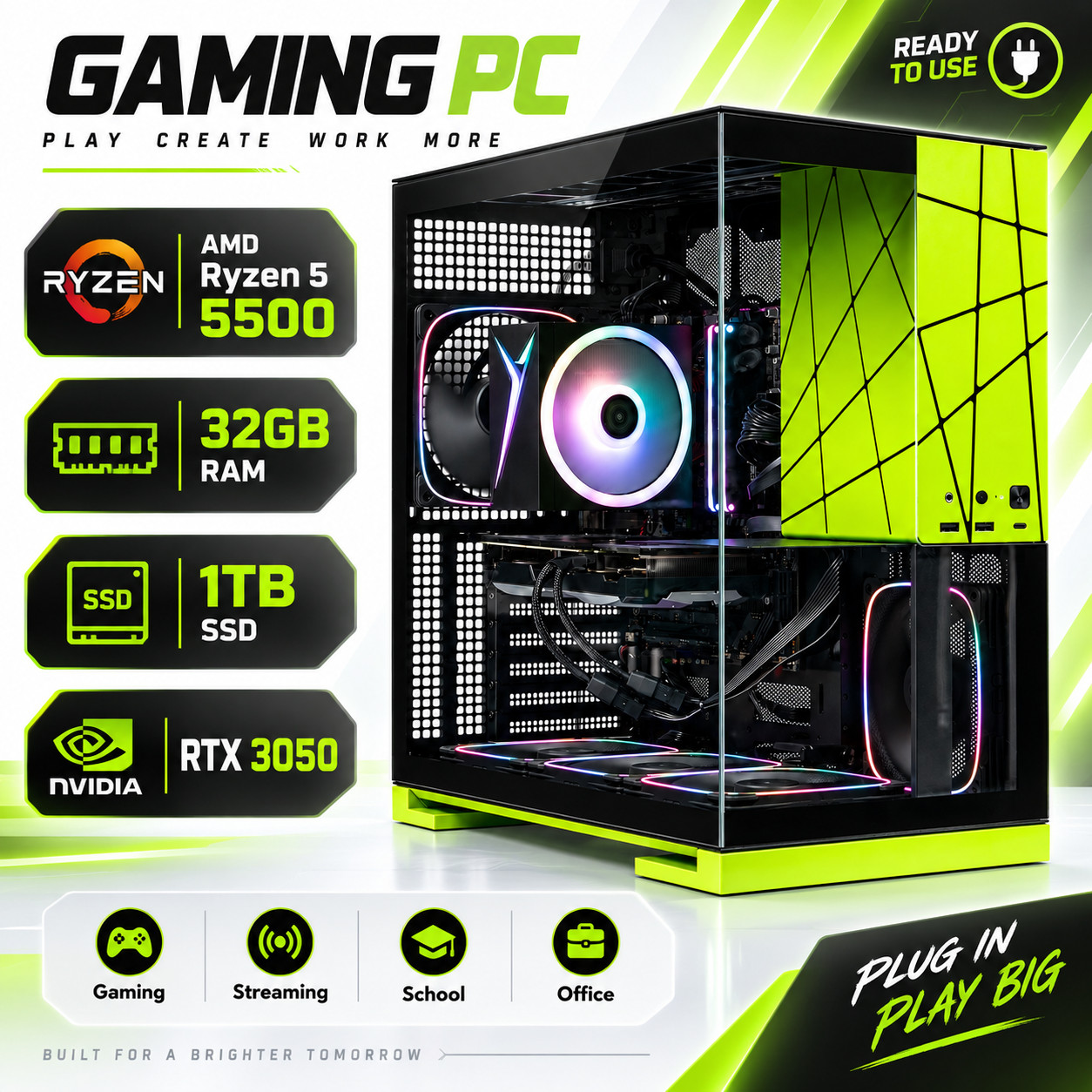 SkyTech ARGB AMD R5 5500 32GB RAM 1TB SSD RTX 3050 Win11 Gaming PC Desktop