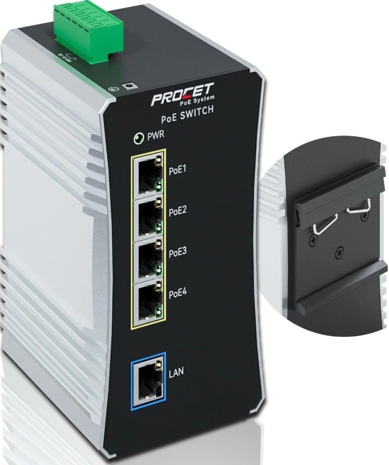✅ PROCET Gigabit PoE Switch 4-Port Din Rail, 90W/Port, Industrial POE++ Ethernet