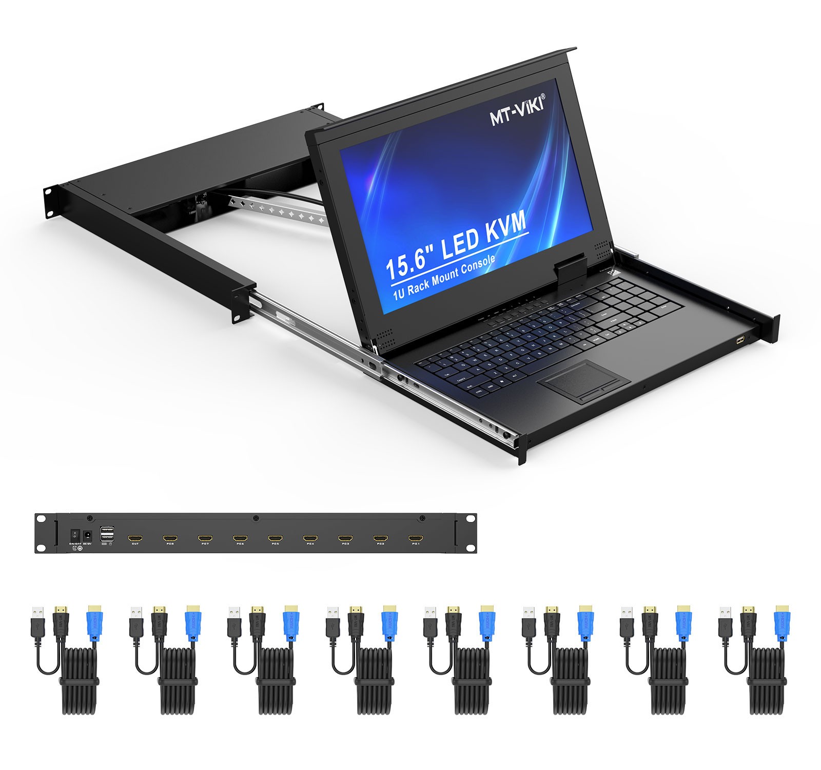 MT-VIKI 15.6" 8 Port HDMI Rack Mount KVM LCD Console 1080P@60Hz 1U w/8 Cables