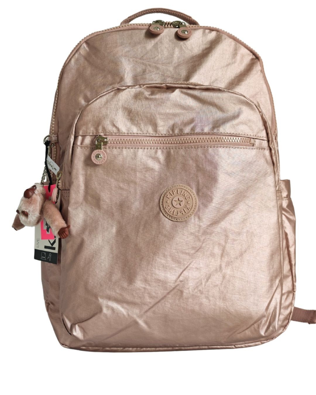 US new reduced XL 47cm 17" Laptop Kipling Seoul Backpack gift metallic pink gold
