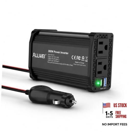 300W Car Power Inverter 12V DC to 110V AC Car Inverter-Black PD27W-Black