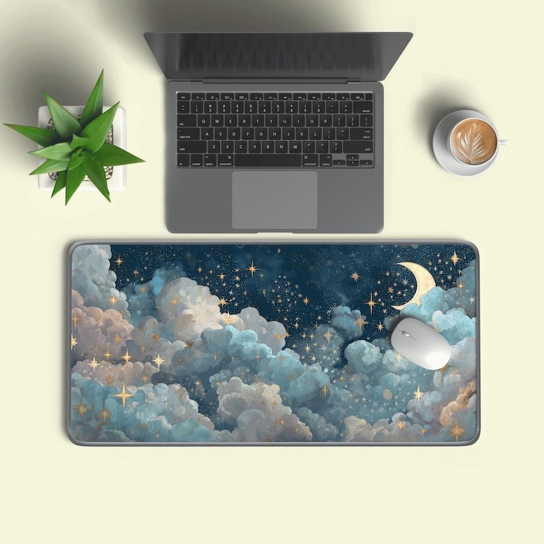 Celestial Moon Cloud Desk Mat, Dreamy Night Sky Mouse Pad, Gaming Pad, Starry