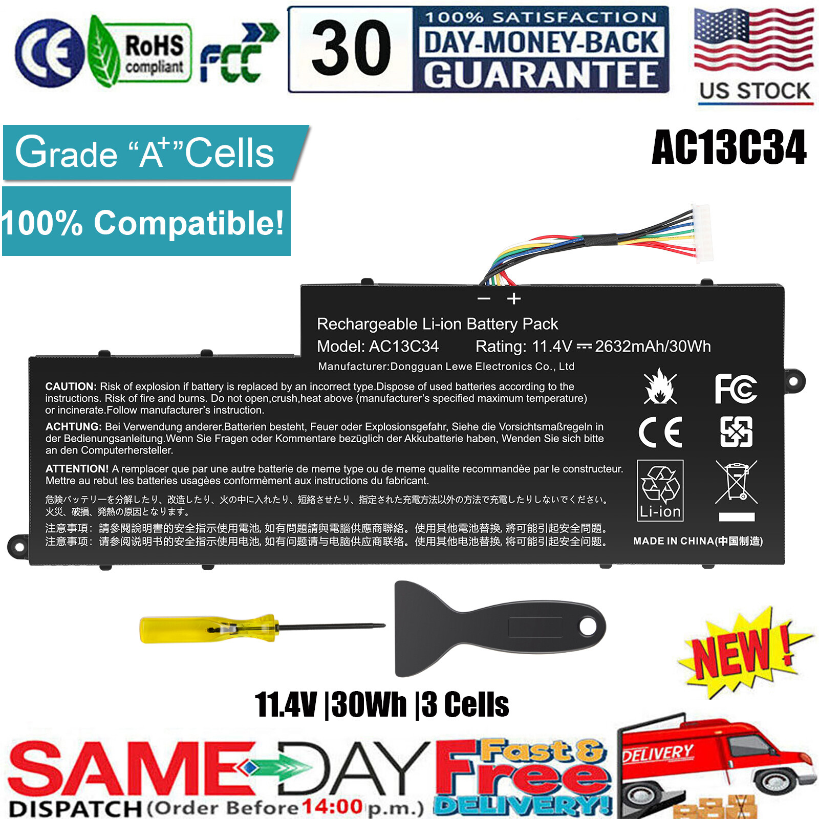 AC13C34 30Wh Battery for Acer Aspire V5-122P E3-111 3ICP5/60/80 KT.00303.005