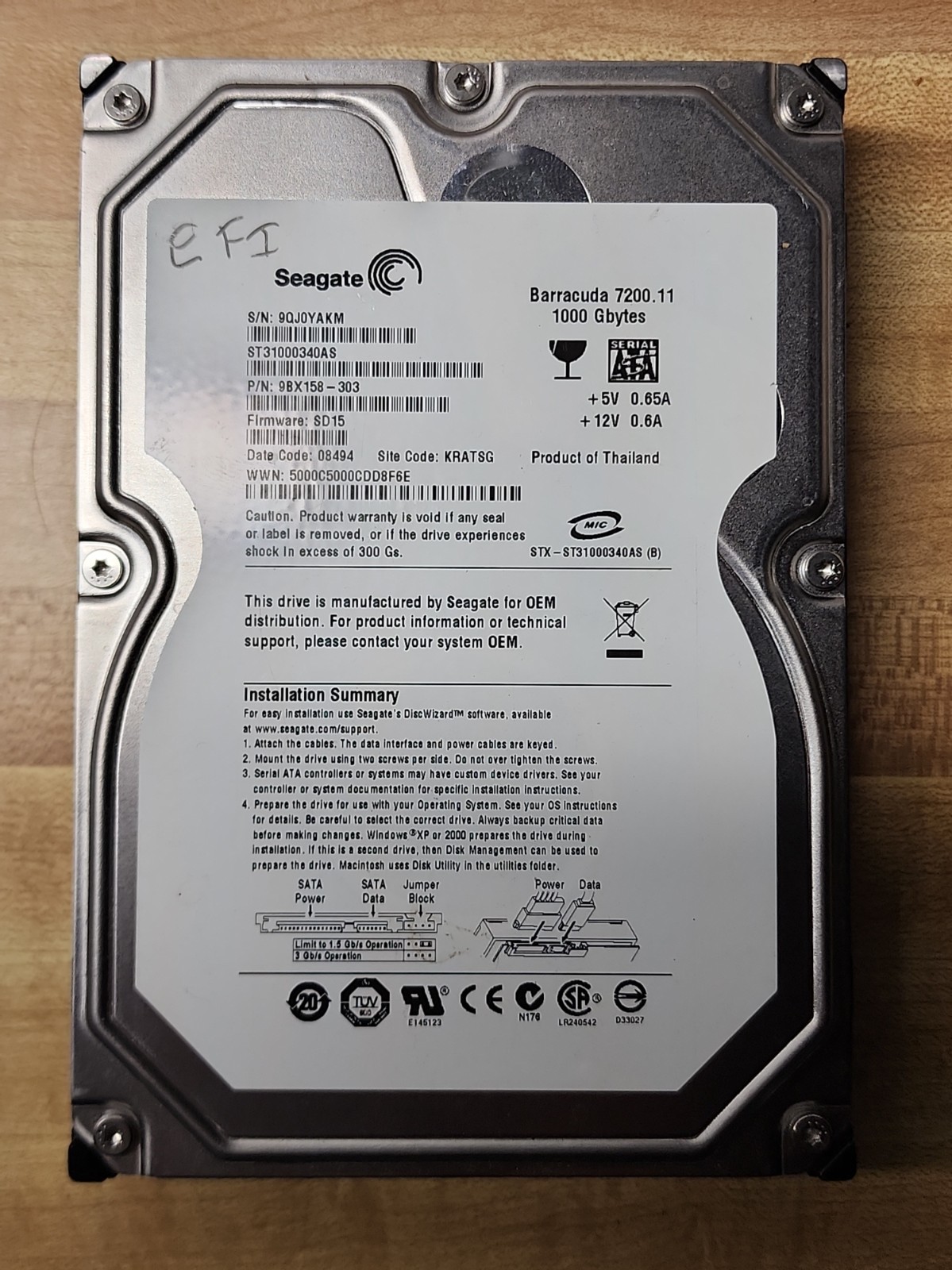 1TB SATA Seagate Barracuda 7200.11 ST31000340AS FW:SD15 32MB 3.5" Hard Drive