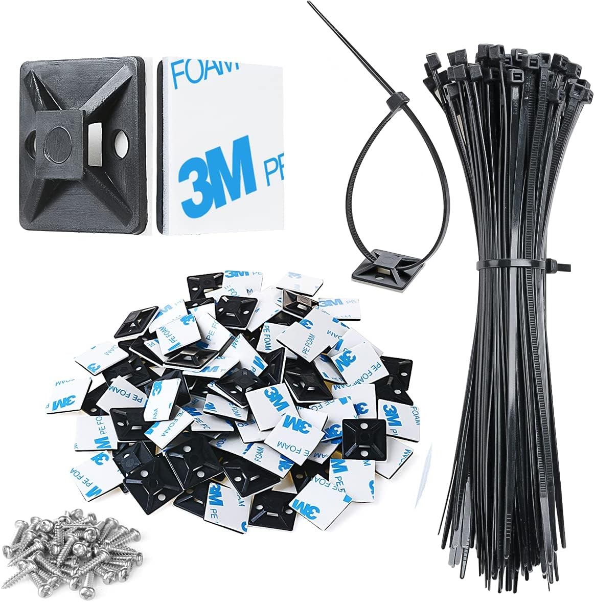 100pcs Cable Tie Mounts with 8" Zip Ties & Screws Adhesive Wire Management Black