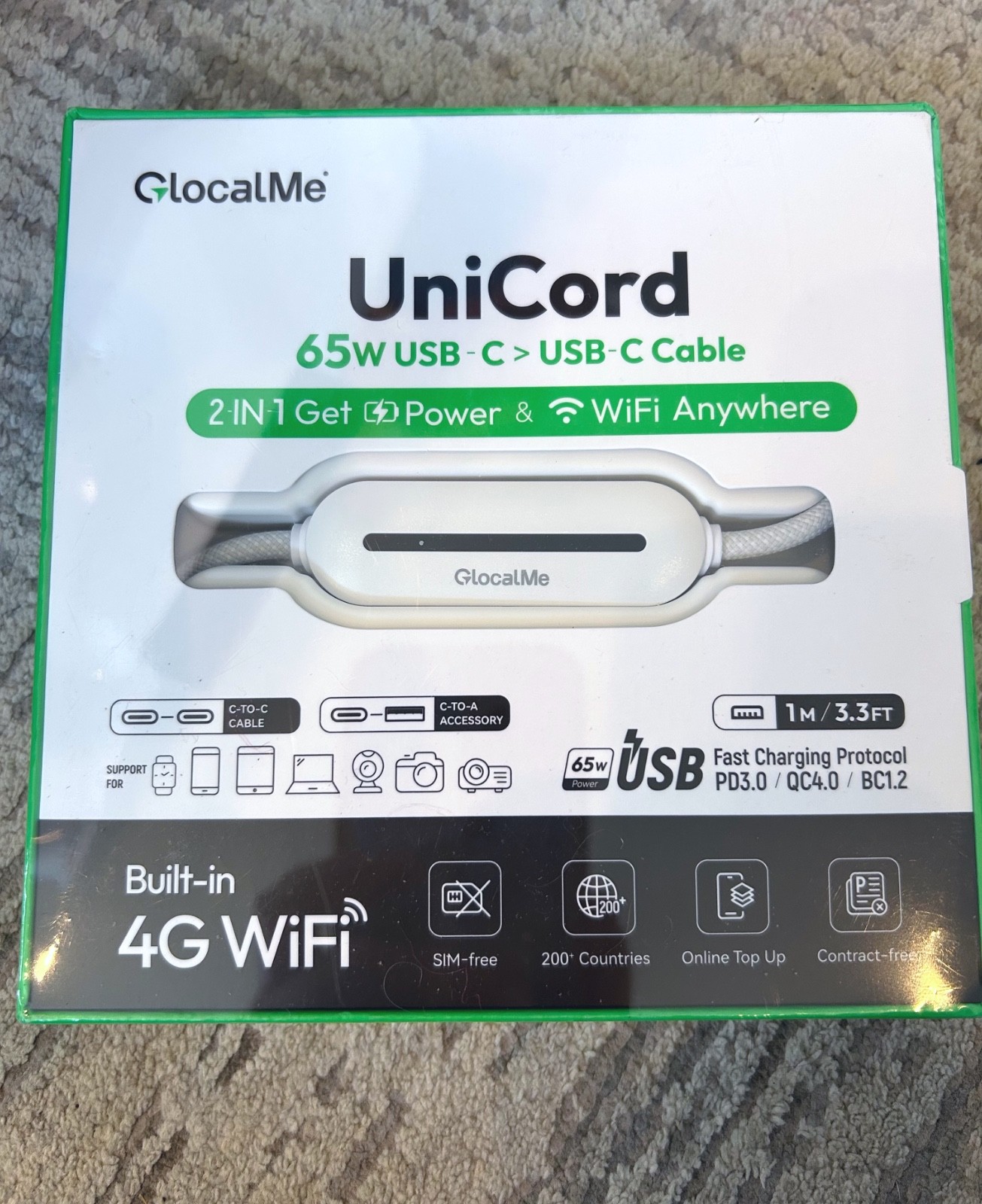 GlocalMe UniCord 65W USB-C Charging Cable w/ Built-In 4G WiFi Hotspot Global