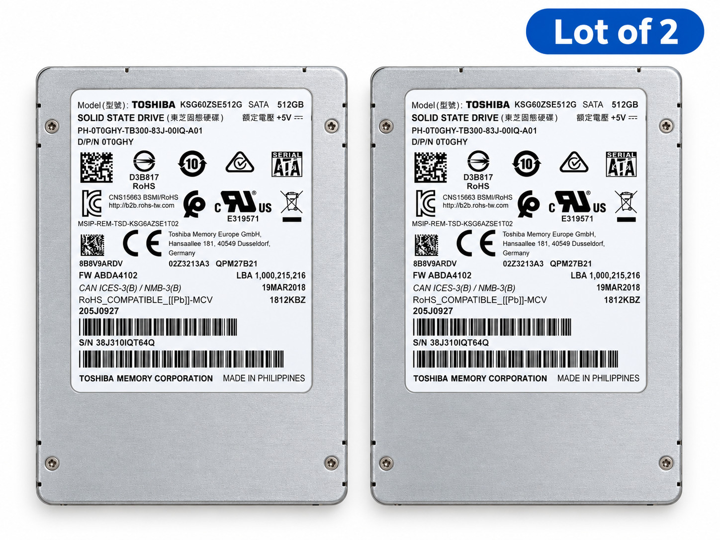 2 Toshiba 512GB 2.5" SATA SSD Internal Solid State Drive KSG60ZSE512G
