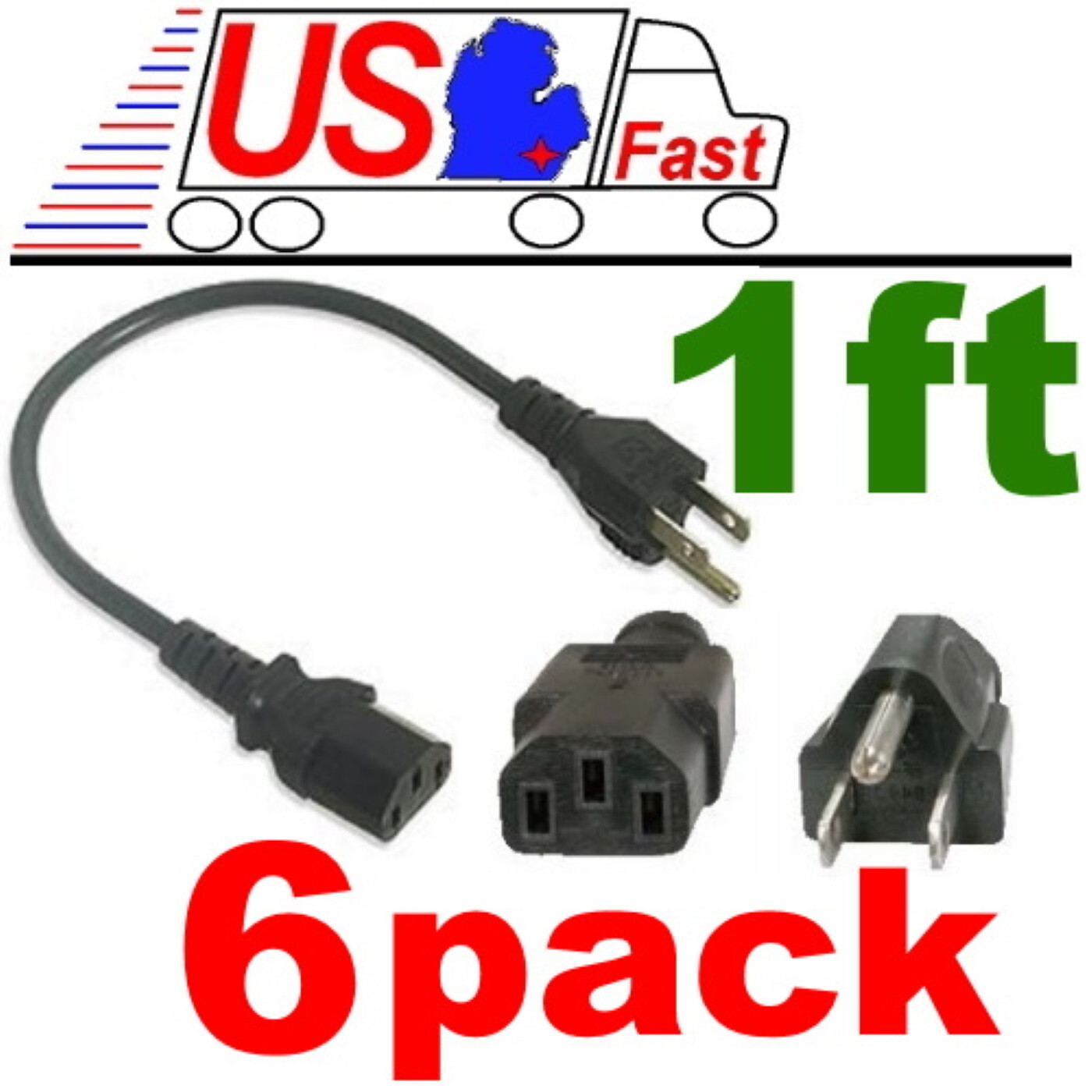 Lot6, 6pack 12"inch/1ft 18awg Short Standard Power Cord/Cable/Wire  IEC320 C13