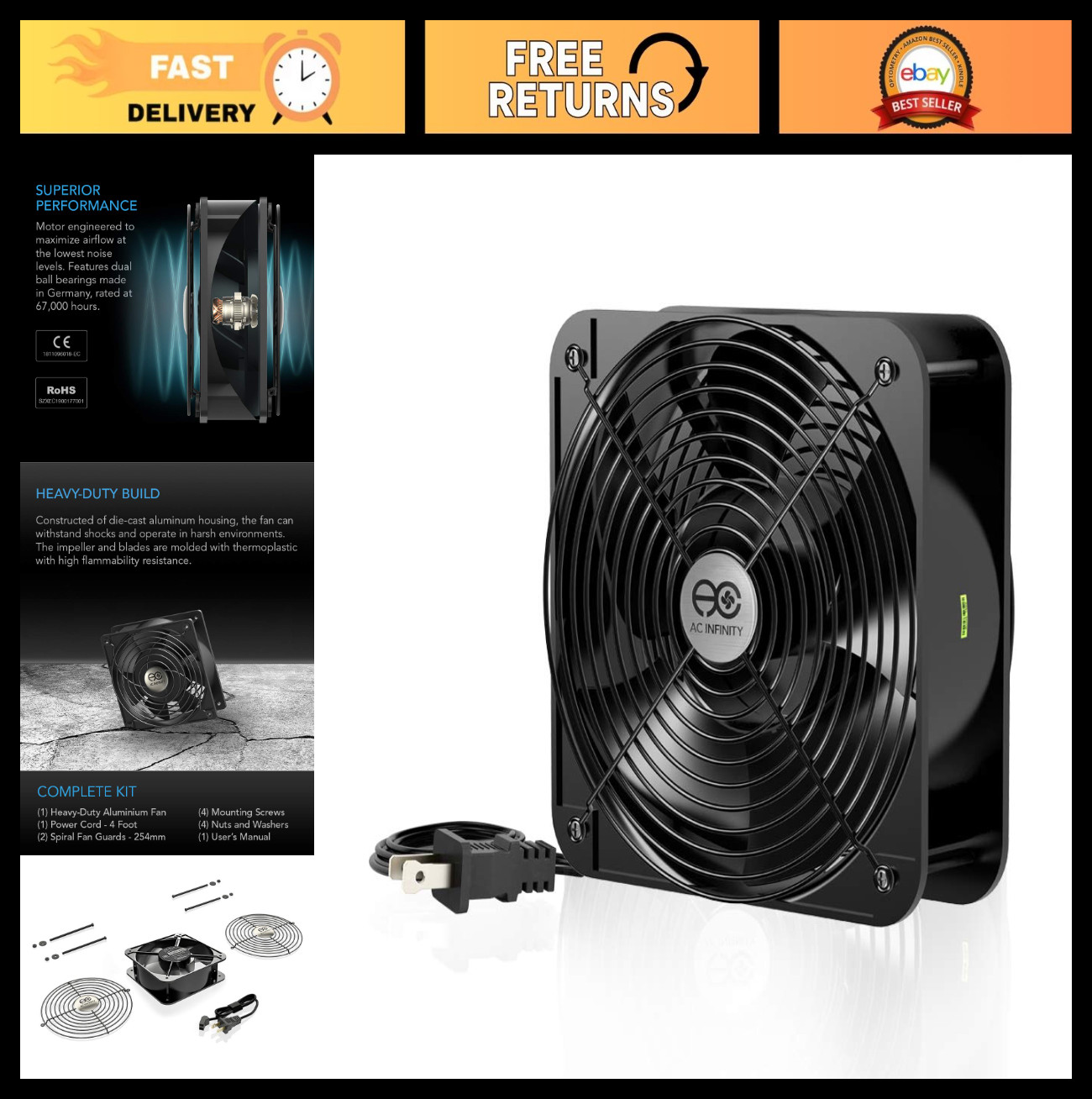 High-Speed Muffin Fan 120V AC 200mm x 200mm x 60mm for DIY Cooling & Ventilation