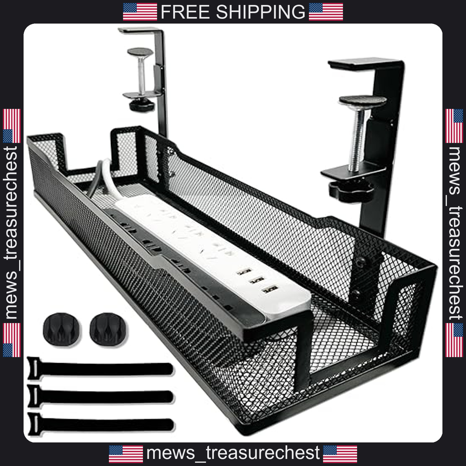 No Drill Cable Management Tray for Desk, Steel Wire Organizer, 15.7 inch Width