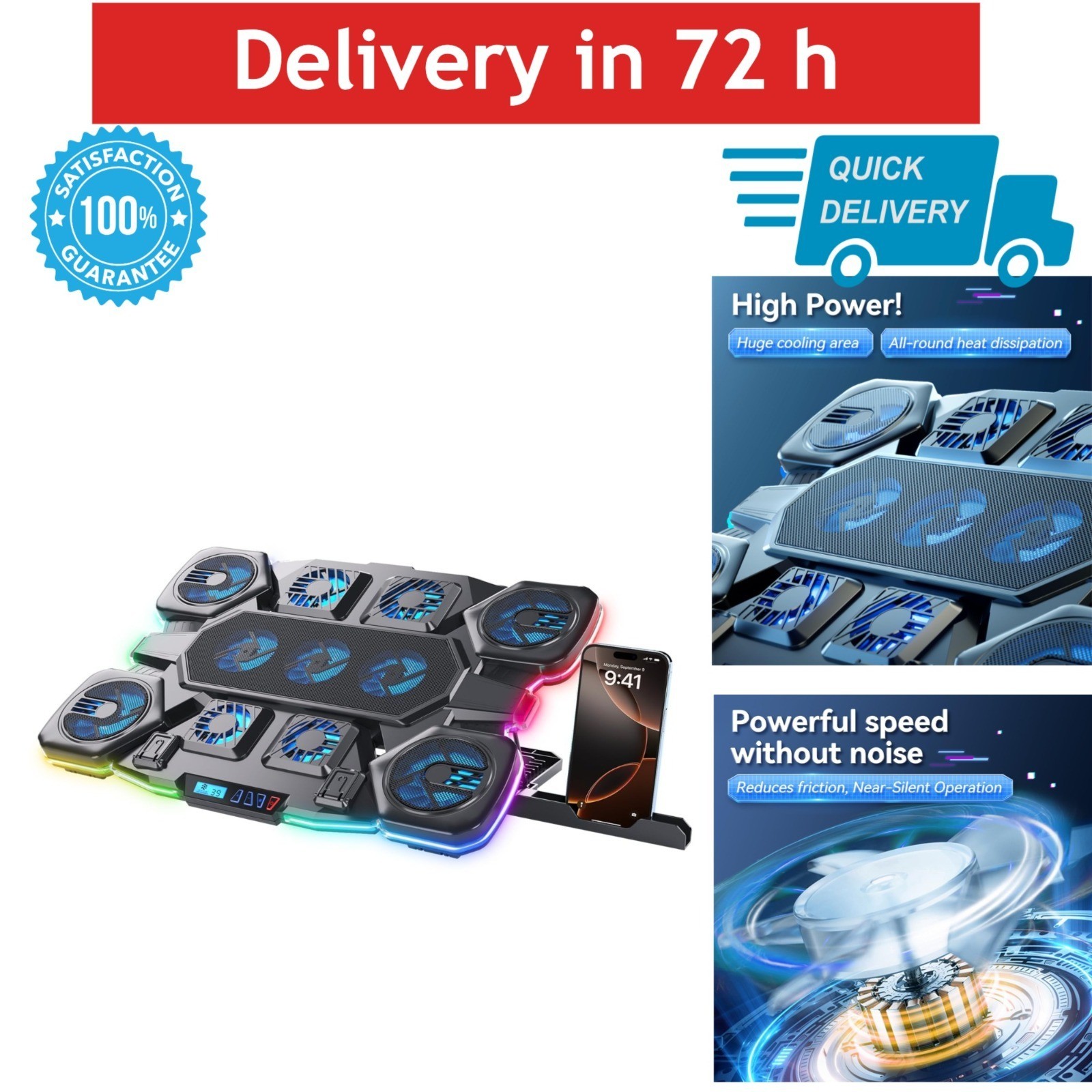 ICE COOREL Gaming Laptop Cooling Pad 11 Fans RGB Stand 17 in