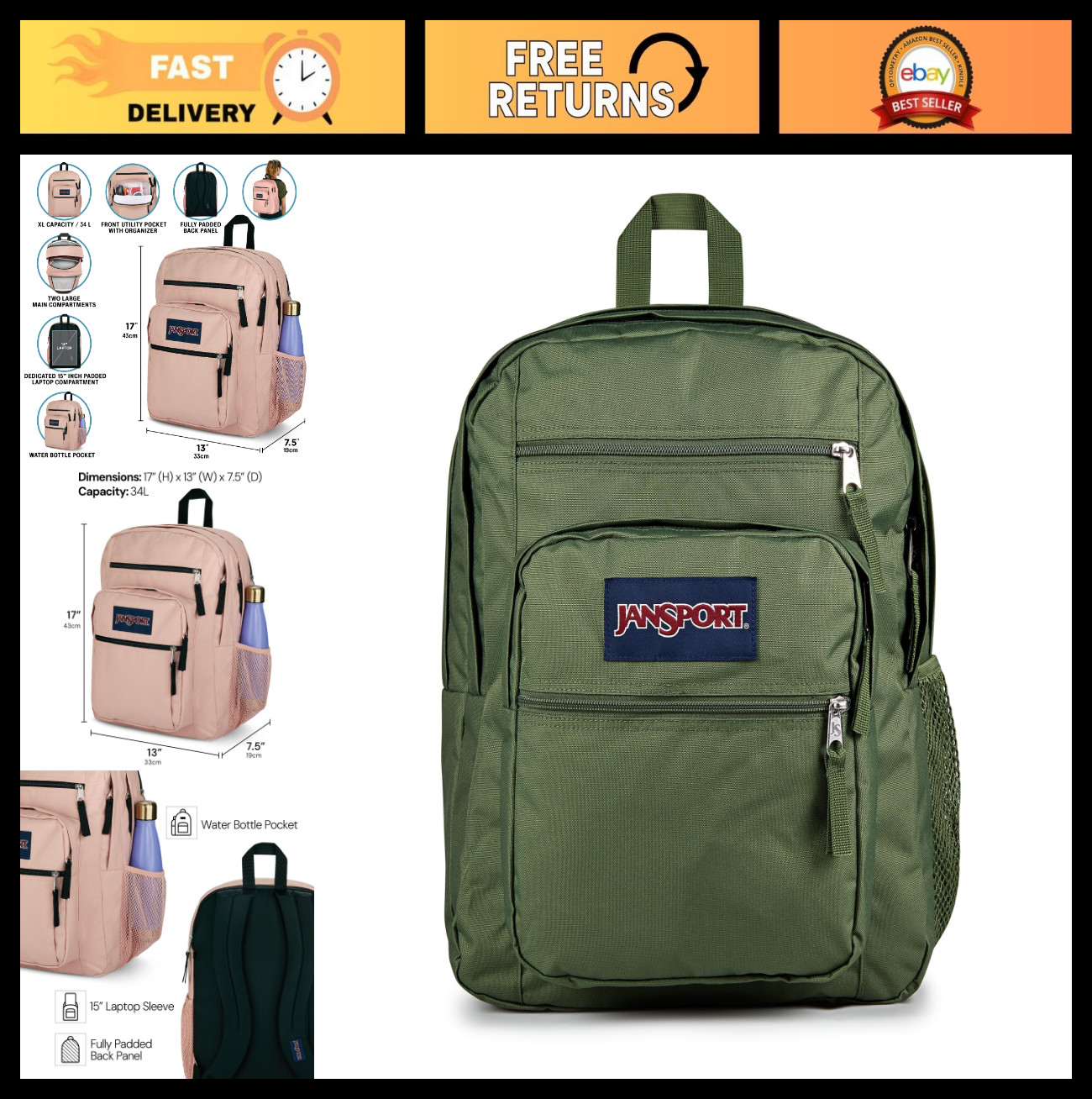 Ergonomic Laptop Backpack - 15” Sleeve, 2 Compartments, Haul Handle, Cargo Green