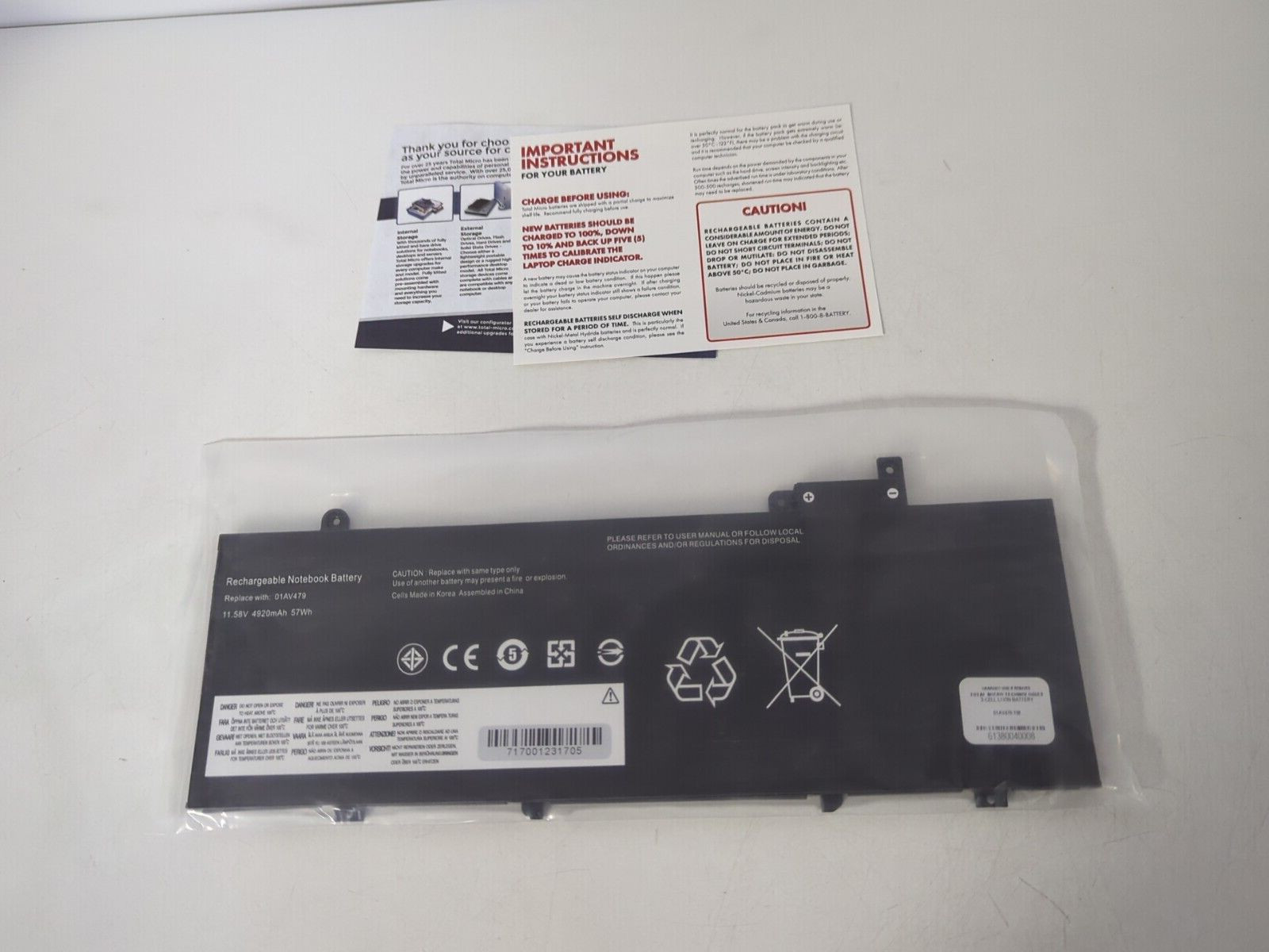 TOTAL MICRO RECHARGEABLE NOTEBOOK BATTERY 01AV479-TM