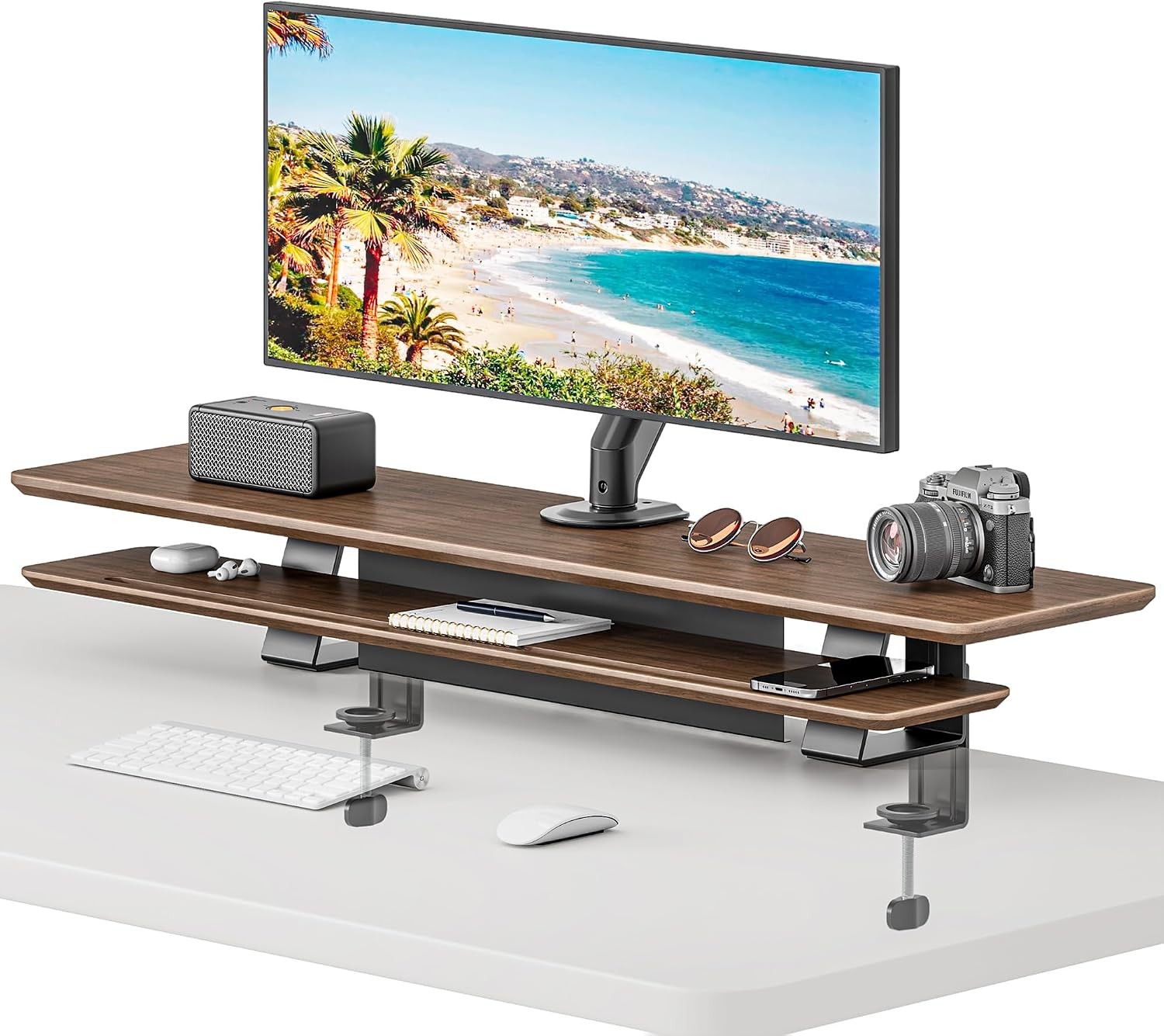 Dual Clamp-On Wooden Monitor Stand 41.7" 2-Tier Desk Riser Organizer Monitor