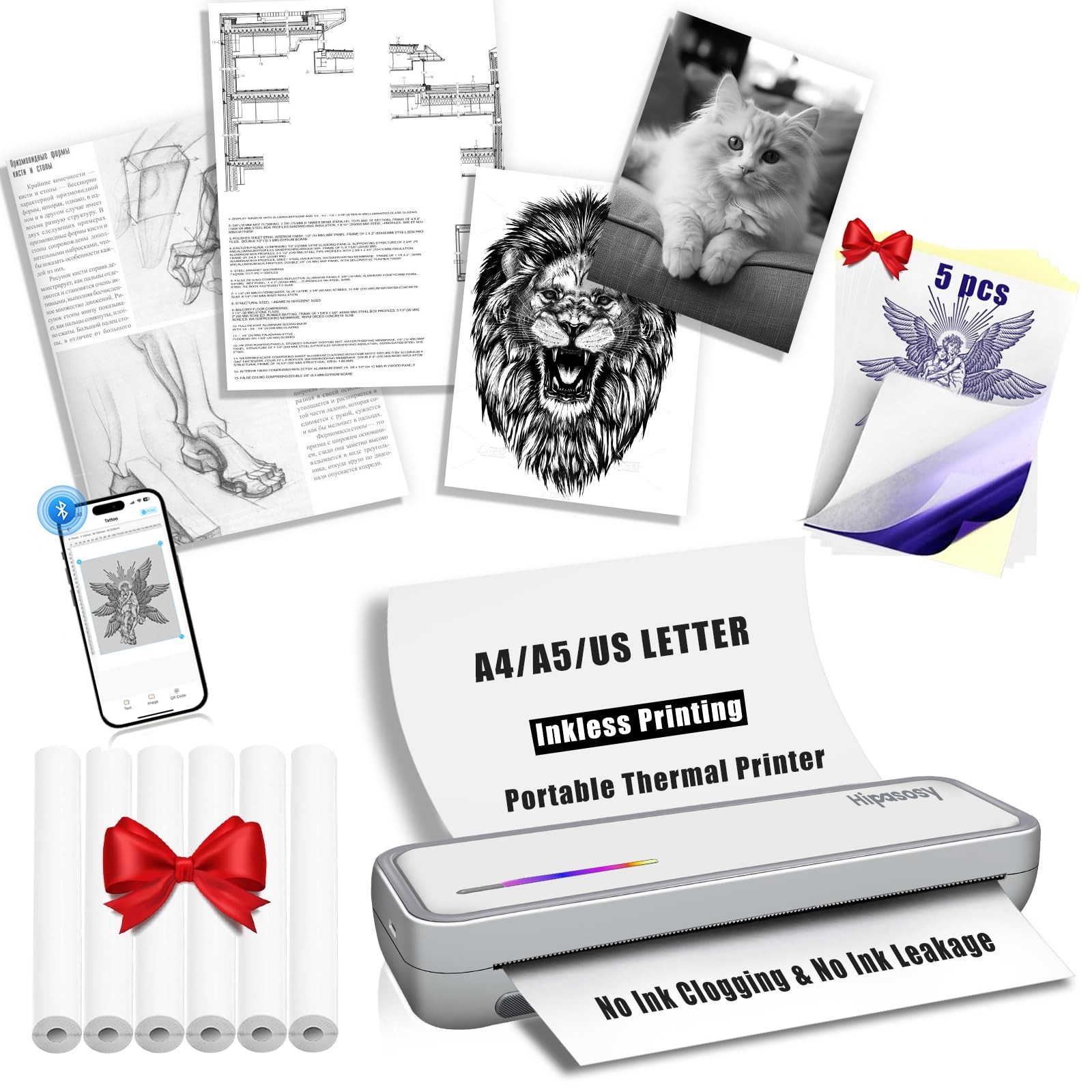 Portable Thermal Wireless Printers for Home Use, Inkless-Bluetooth-Printer Su...