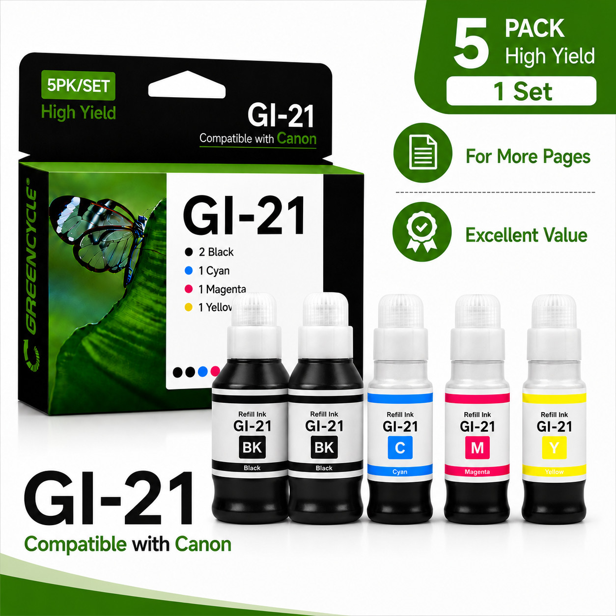 GI-21 1 Set 5PK Refill Ink Bottles for Canon MegaTank G4280/G1230/G3272