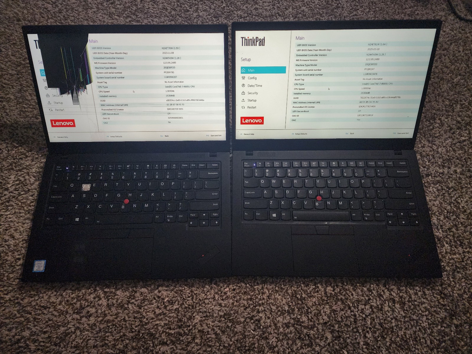 LOT OF 2 Lenovo ThinkPad X1 Carbon  i7 8665U 14"  16GB RAM NO SSD PARTS/REPAIR