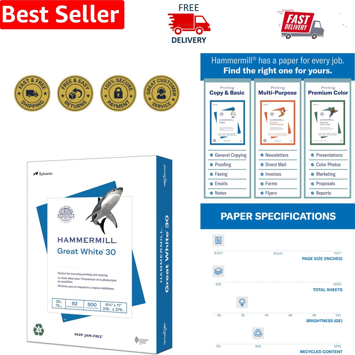 Great White Jam-Free White Paper, 8.5 x 11, 500 Sheets - Eco-Friendly Choice