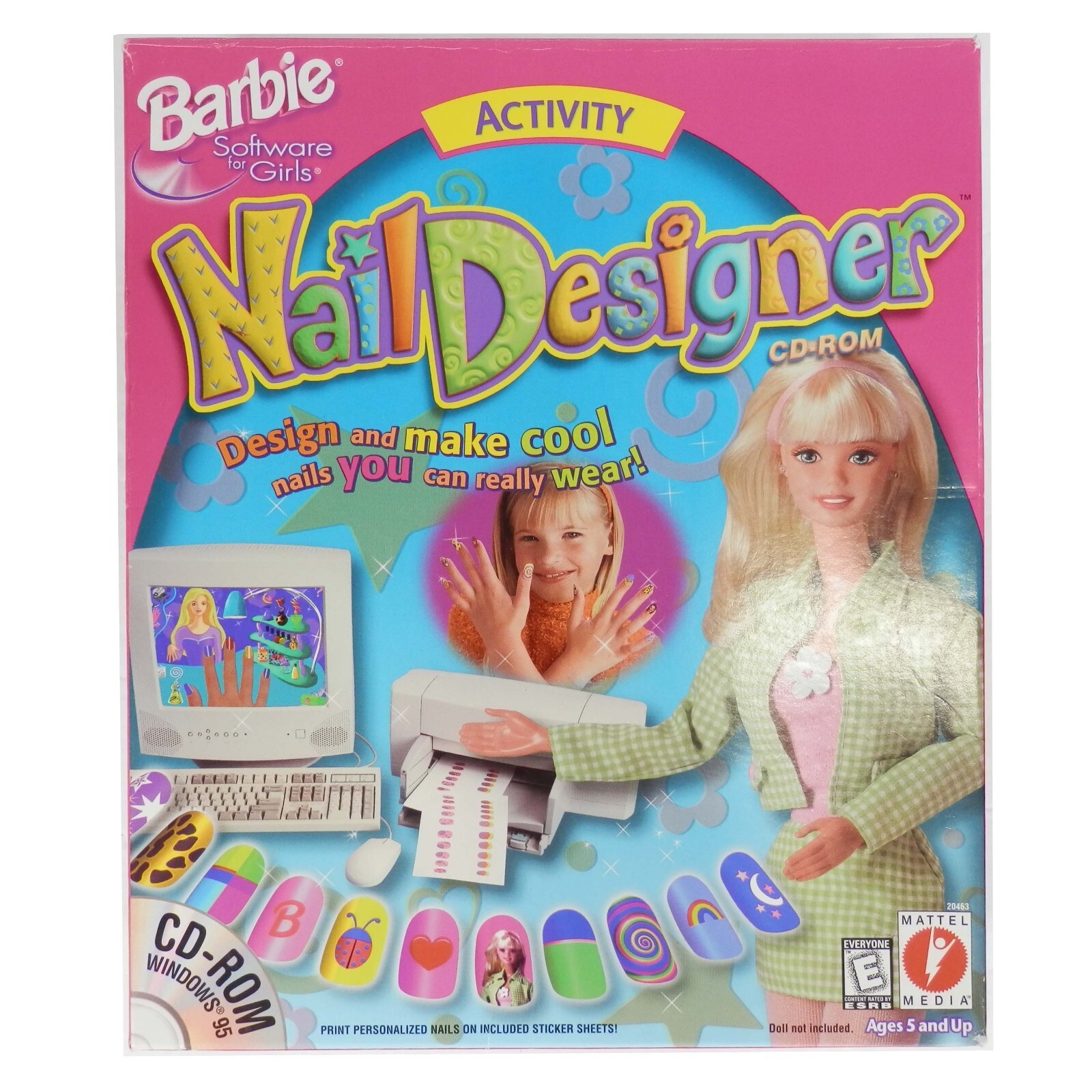1998 Barbie Nail Designer CD Rom Windows 95 Game E Printable Nail Stickers 90s 