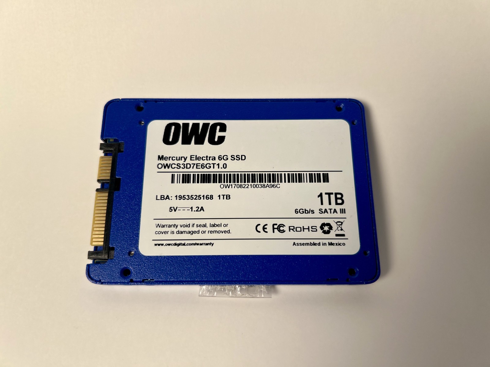 OWC Mercury Electra 6G 1TB 2.5" SSD. Tested, 100% health. Model OWCS3D7E6GT1.0.