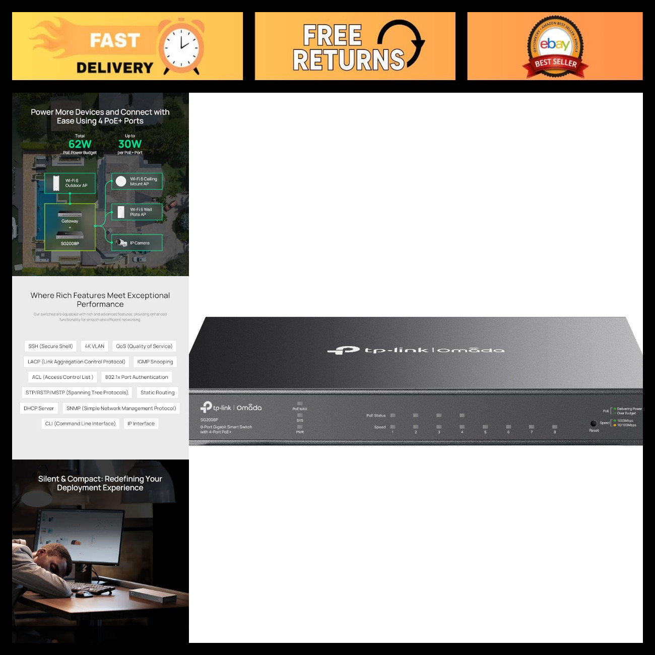 8-Port Gigabit Smart Managed PoE Switch, 4 PoE+ Ports, Omada SDN, IPv6, QoS