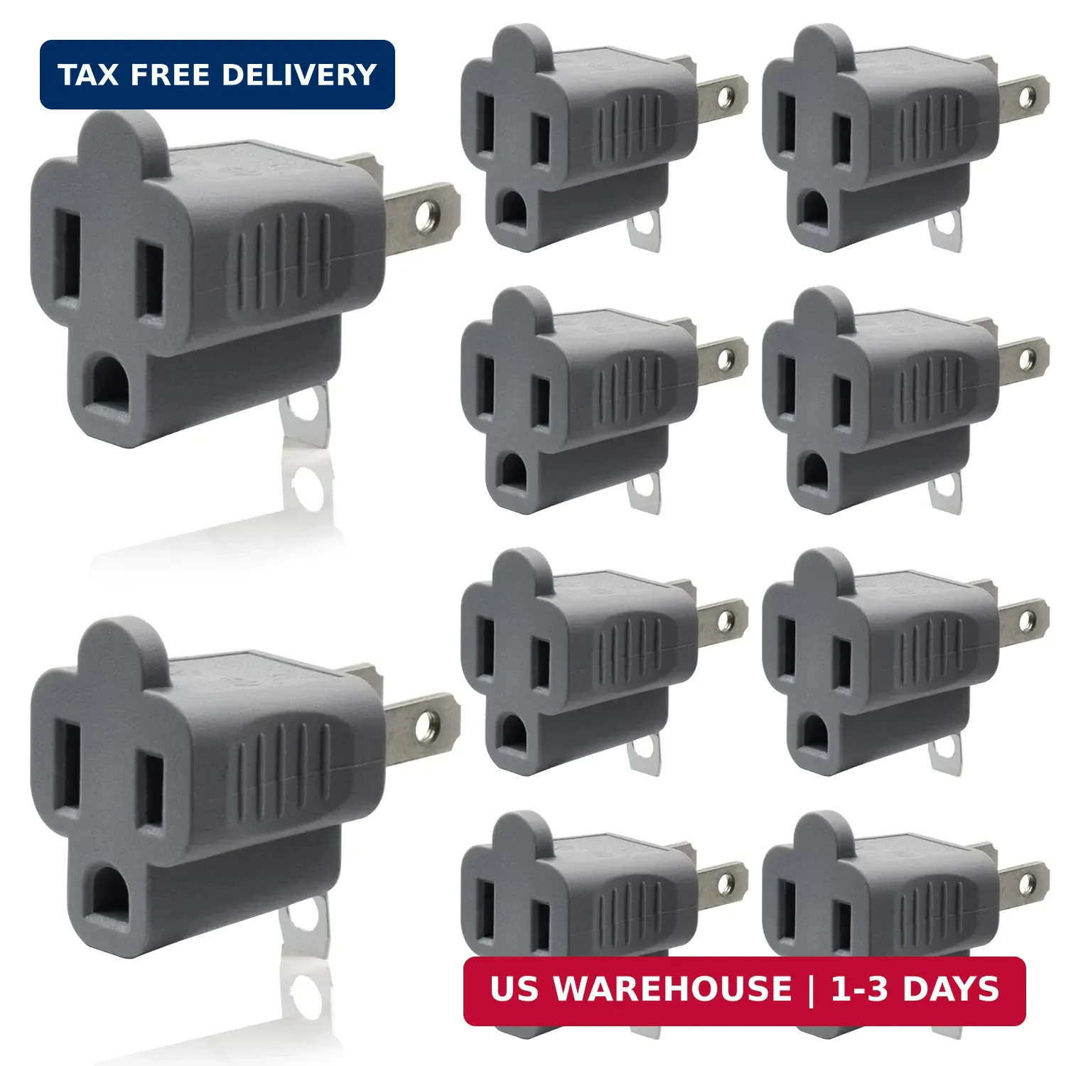 2 to 3 Prong Adapter, 3 to 2 Prong Converter - 10 Pack, Gray