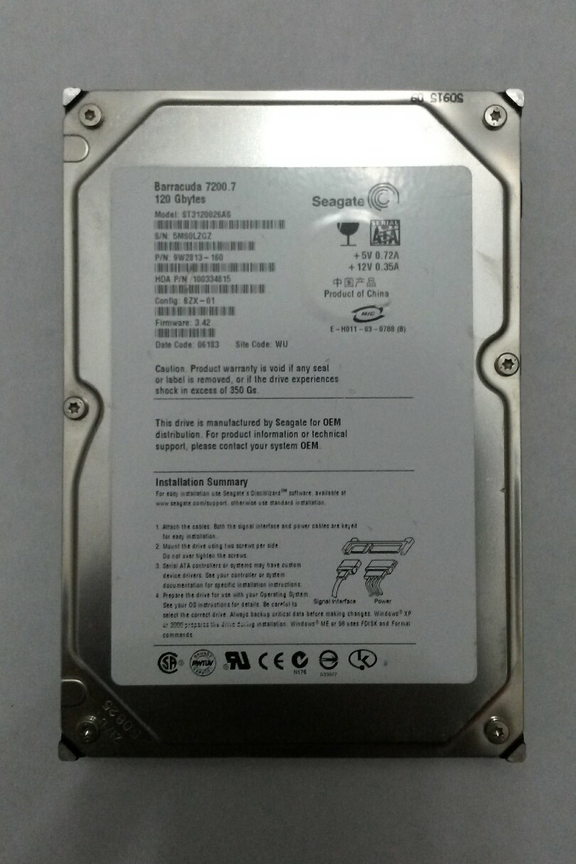 SEAGATE ST3120026AS 120GB SATA Desktop Drive P/N:9W2813-160 F/W: 3.42 Site:WU