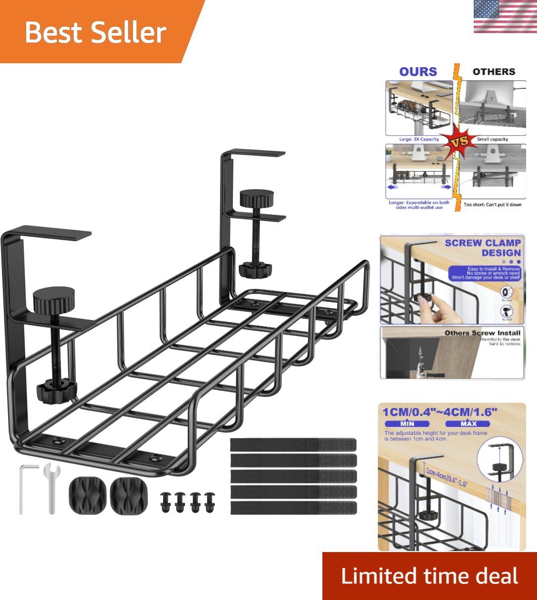 Professional Under Desk Wire Management Tray - Easy No Drill Installation 15.7"