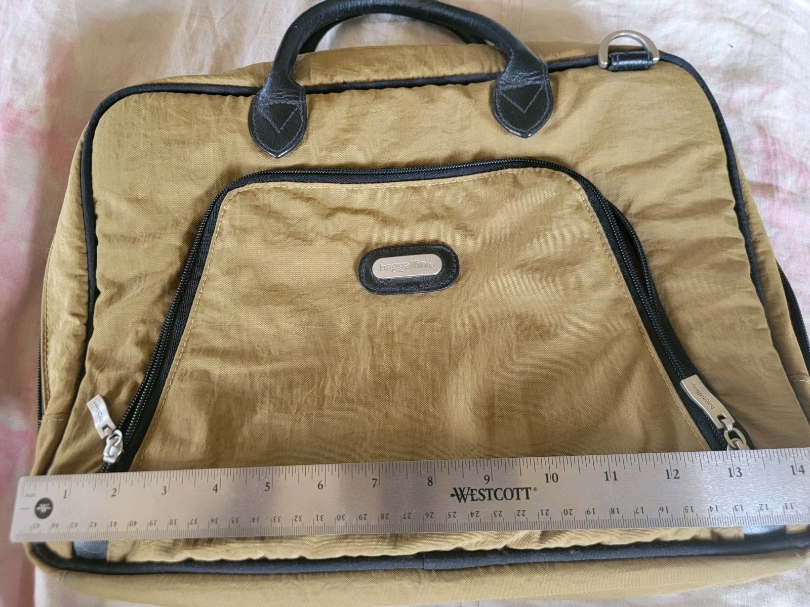 Baggallini Laptop Bag Briefcase Carry-All khaki beige double leather handle