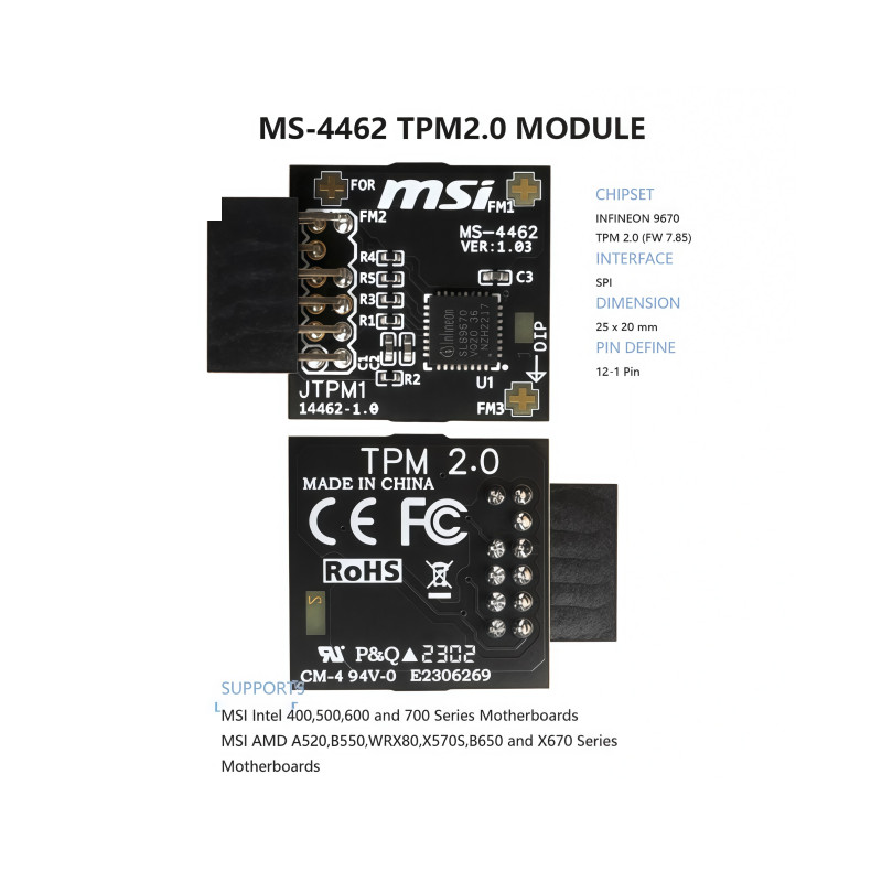1PC NEW MSI MS-4462 TPM Module (12 Pin 12-1) SPI TPM 2.0 Trusted Platform