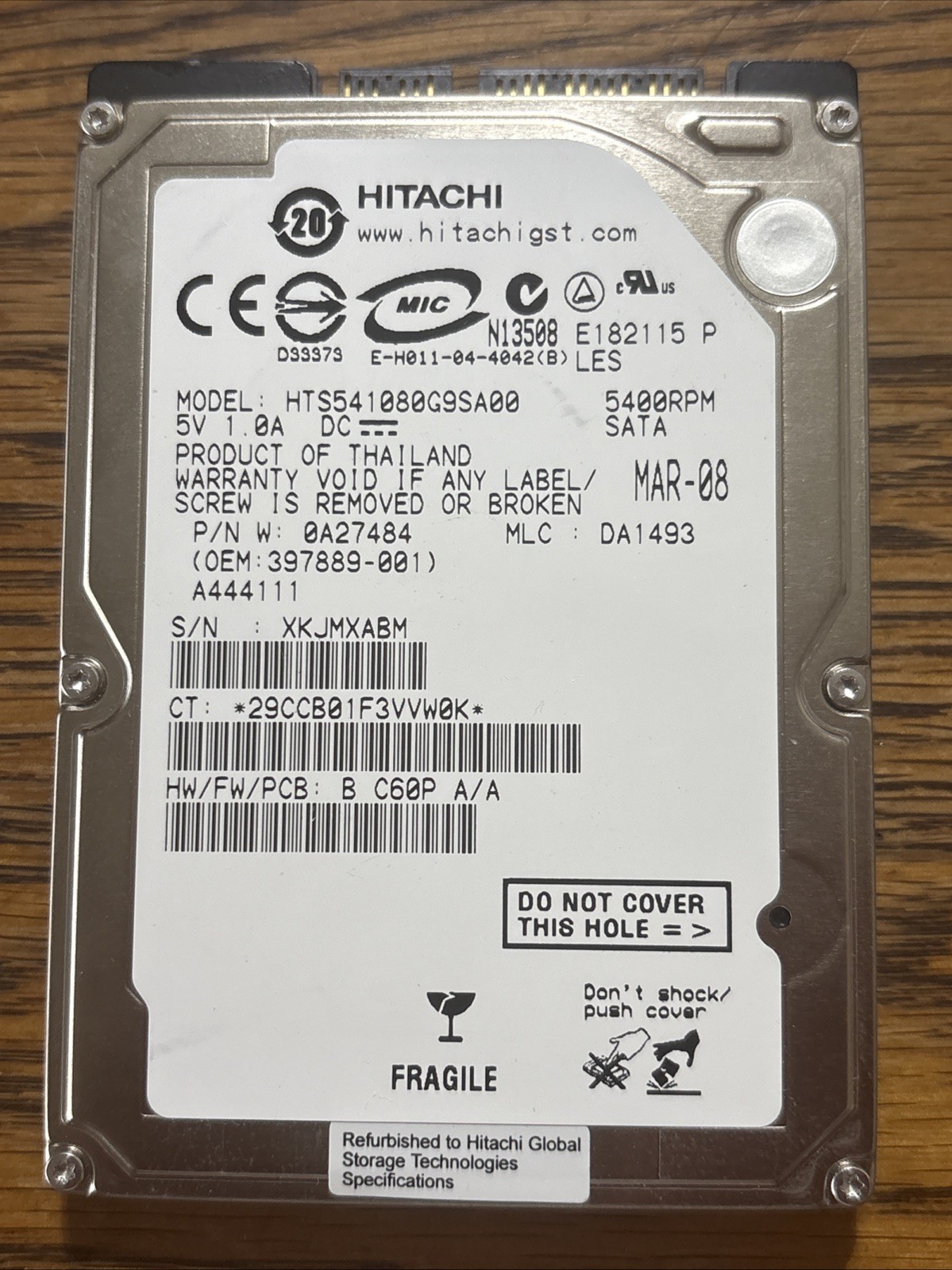 HTS541080G9SA00 GENUINE HITACHI HARD DRIVE 80GB 5400RPM SATA 2.5"