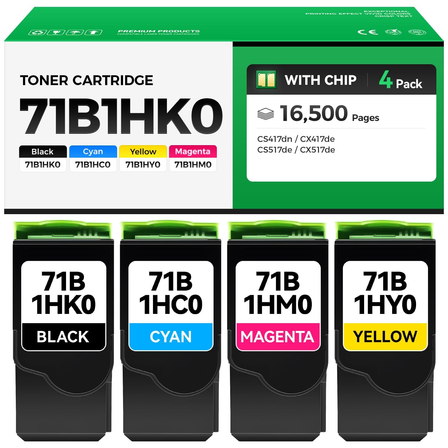71B1HK0 71B1HC0 71B1HM0 71B1HY0 Toner Cartridge Set 4-Pack with Chip Replacement
