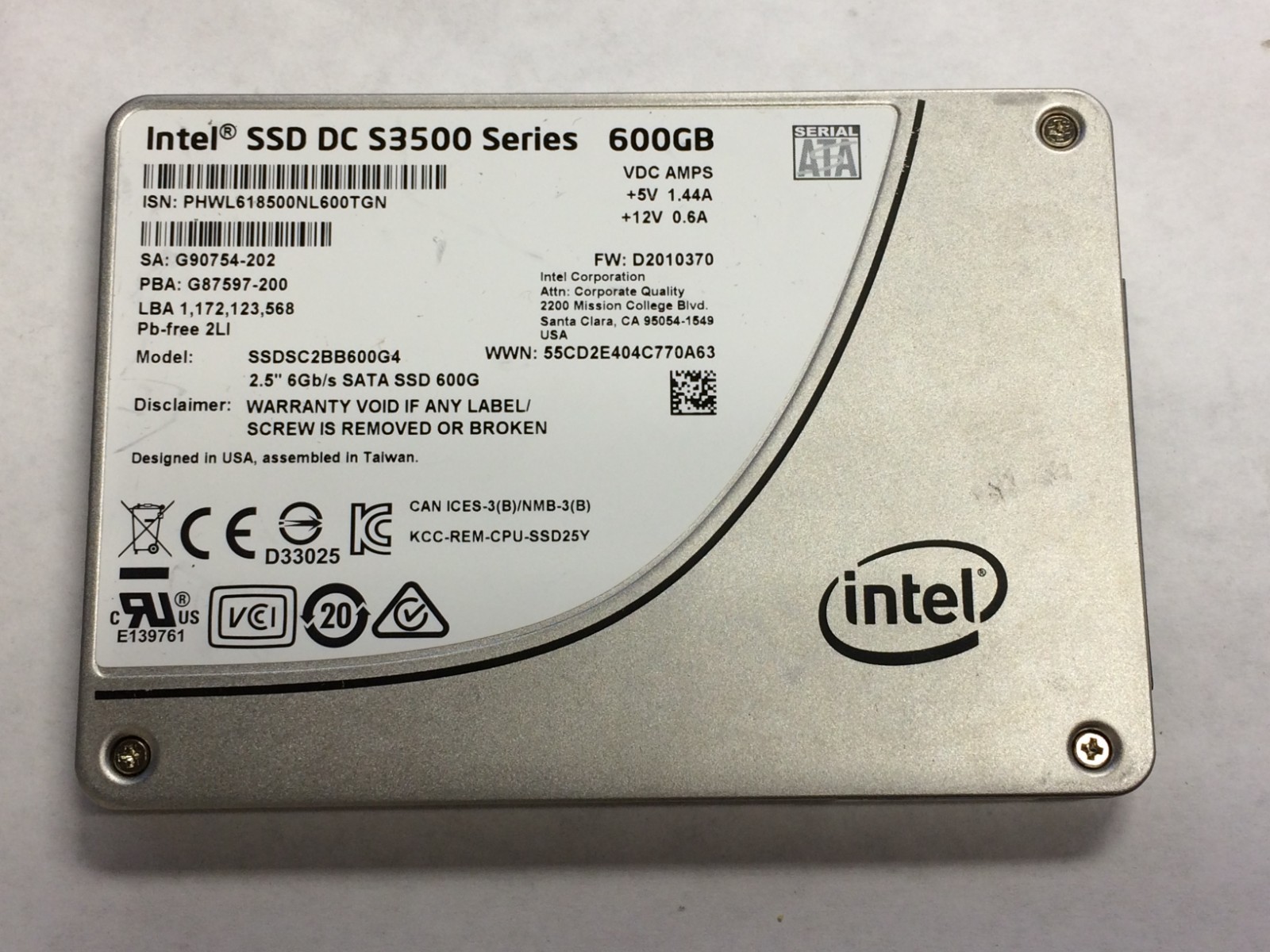 Lot of 5: Intel 600GB SSD Internal 2.5" Solid State Drive ( replace 512GB )