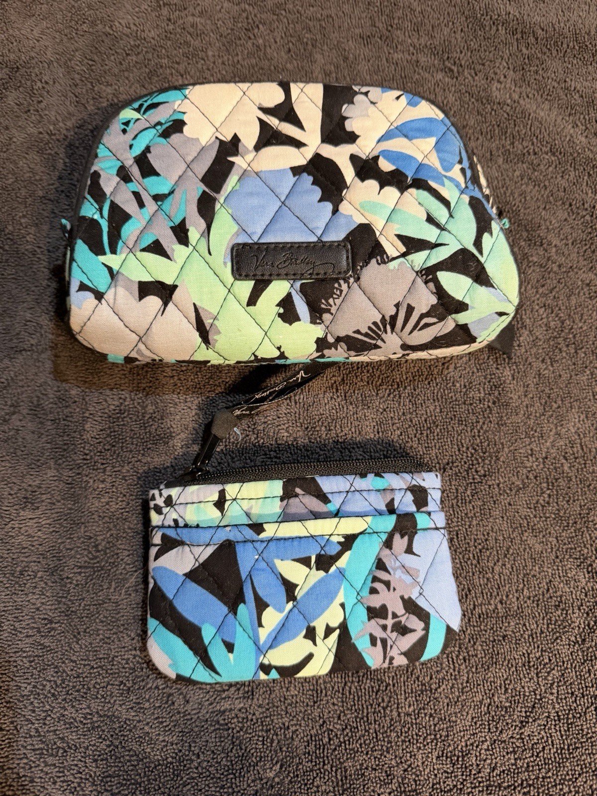 Vera Bradley CAMOFLORAL Blue White Green 7”x5” & 5”x3” Makeup Padded Cases