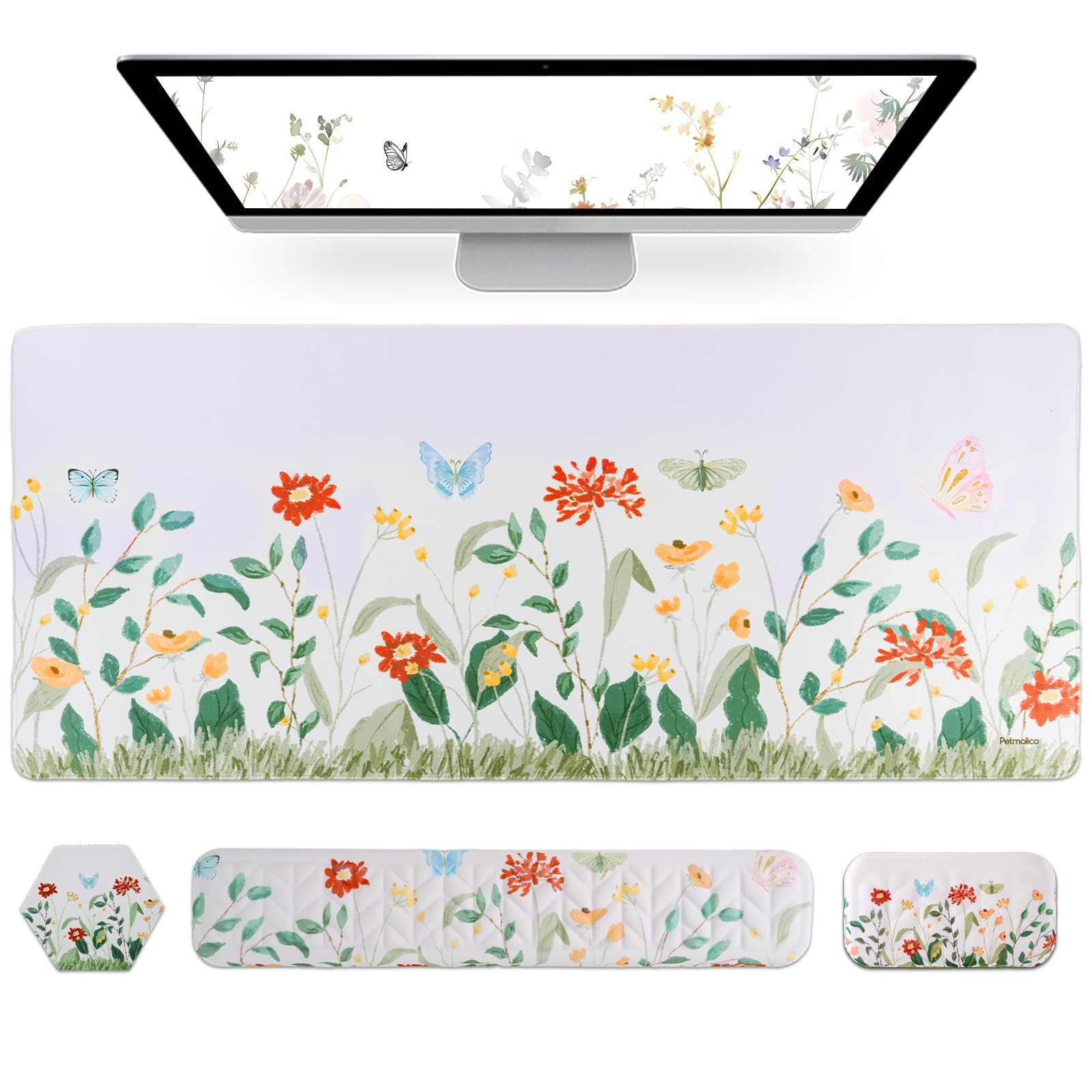 Petmolico 4-in-1 Wrist Rest Set with Desk Pad, Silver Wild Flowers