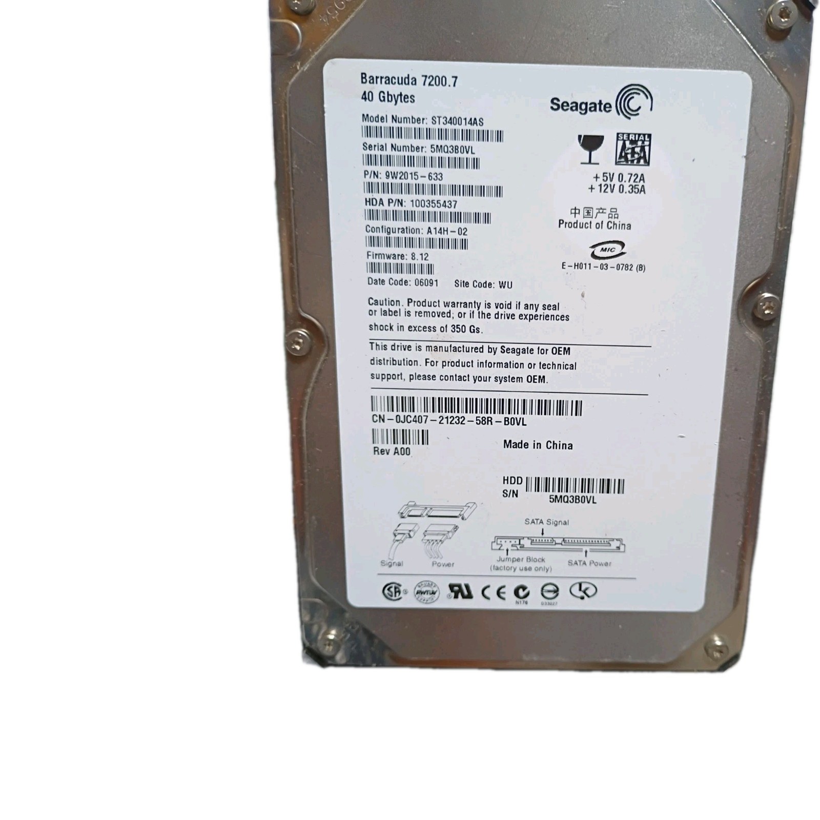 Seagate ST340014AS 9W2015-633 WU 8.12 (5MQ3) 40gb Sata 3.5" AUG/2005