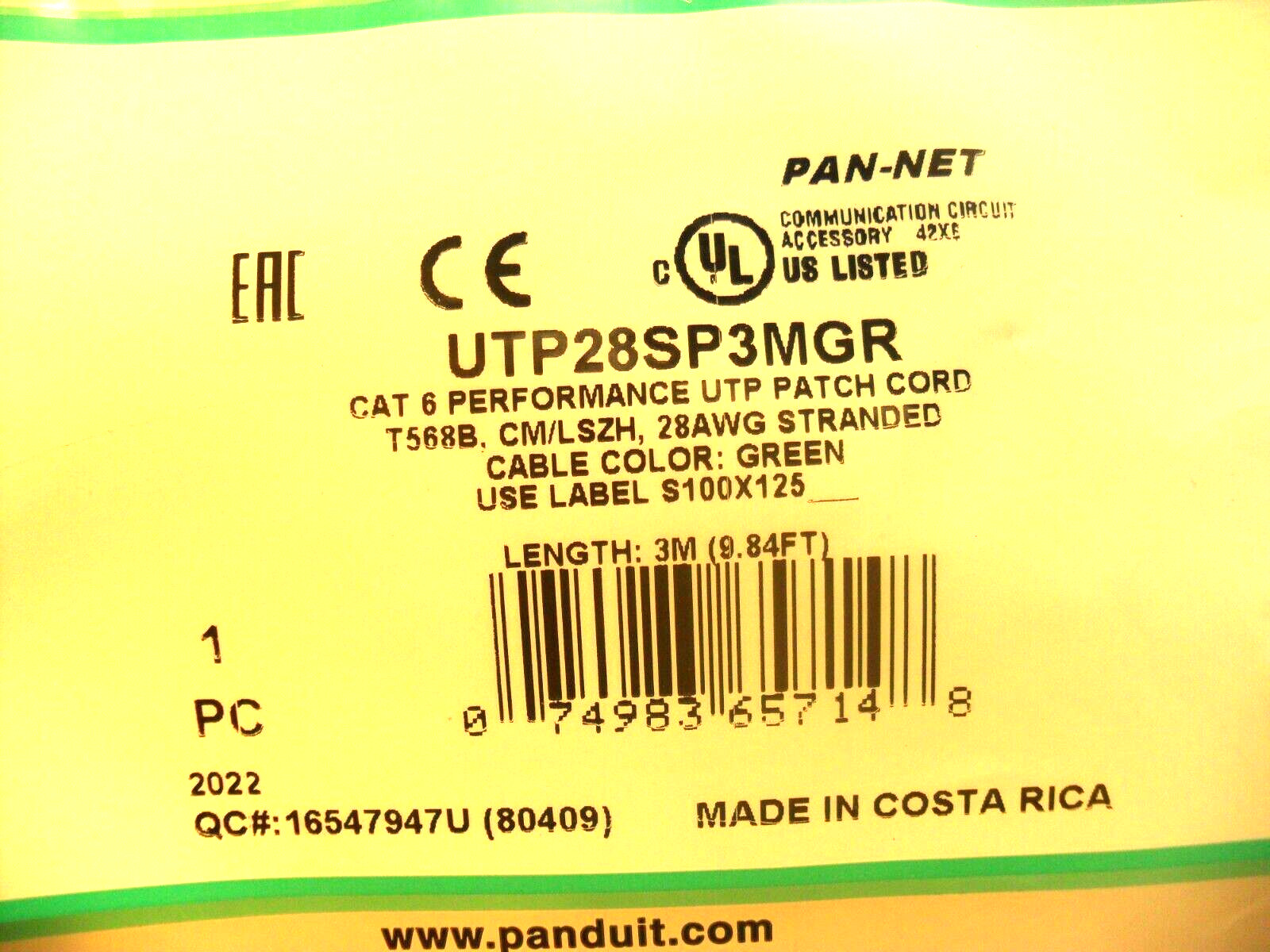 Panduit UTP28SP3MGR TX6 Plus 28 AWG 4-Pair Stranded UTP Patch Cord, Sealed Bags